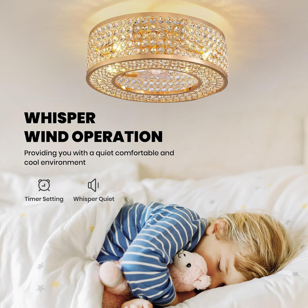20" Gold Flush Mount Caged Crystal Ceiling Fan with Light
