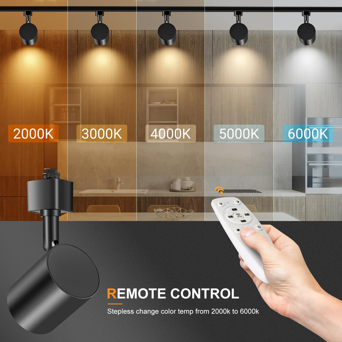 6 Lights Remote Control LED Track Lighting Kit Dimmable, 10W Black