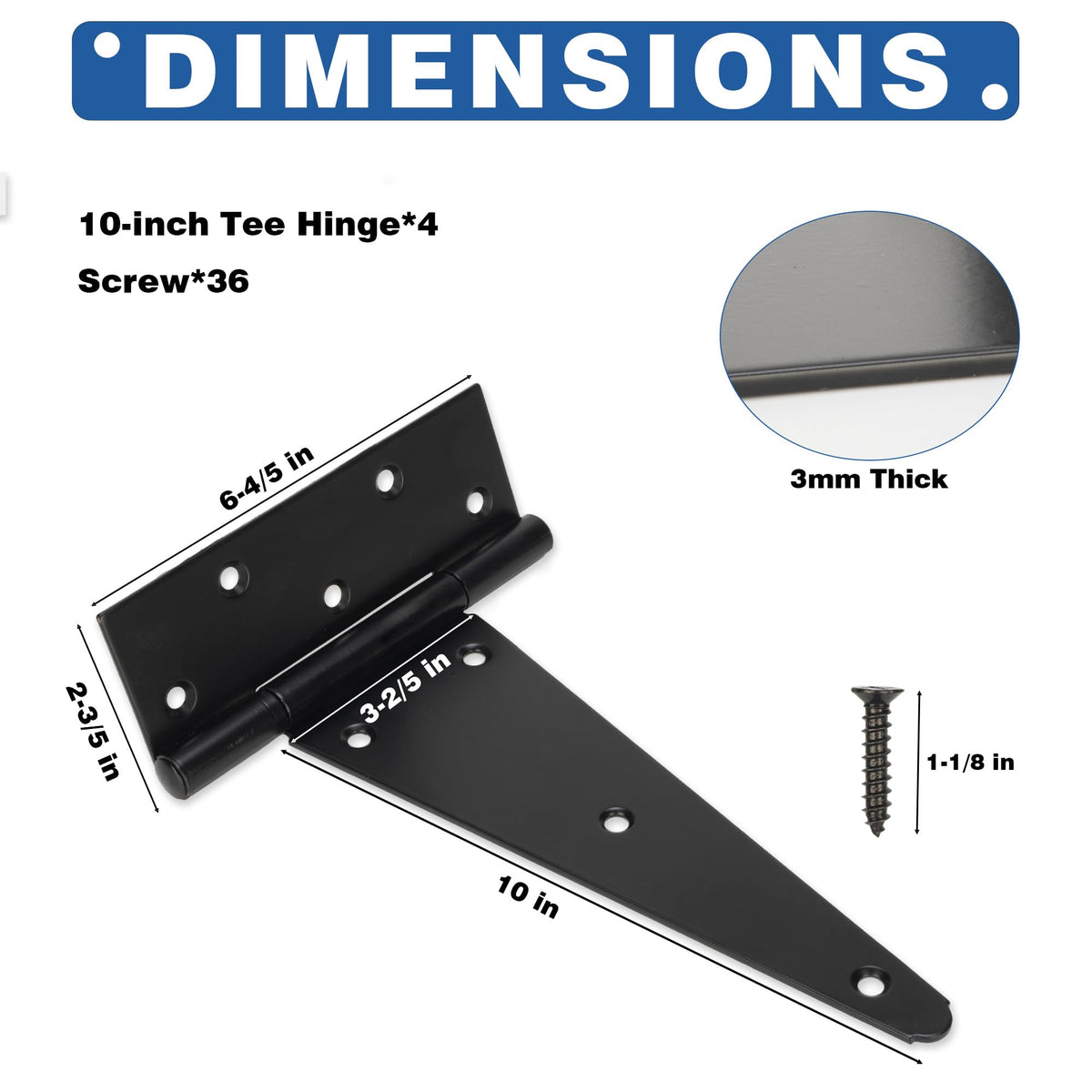 10 Inch T-Strap Gate Hinges, Heavy Duty Black Barn Door Hinges, 4 Pack
