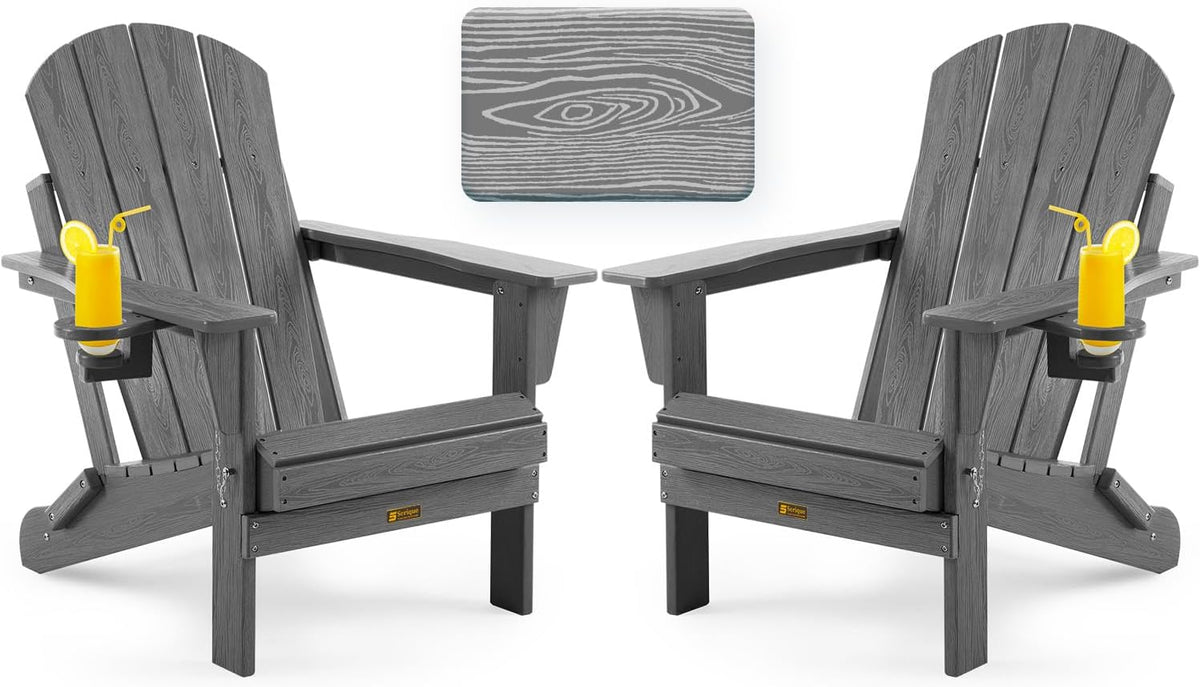 Folding Adirondack Chair, Patio Chair Wood Texture, Outdoor Chair Weather Resistant, Fire Pit Chair with Cup Holder
