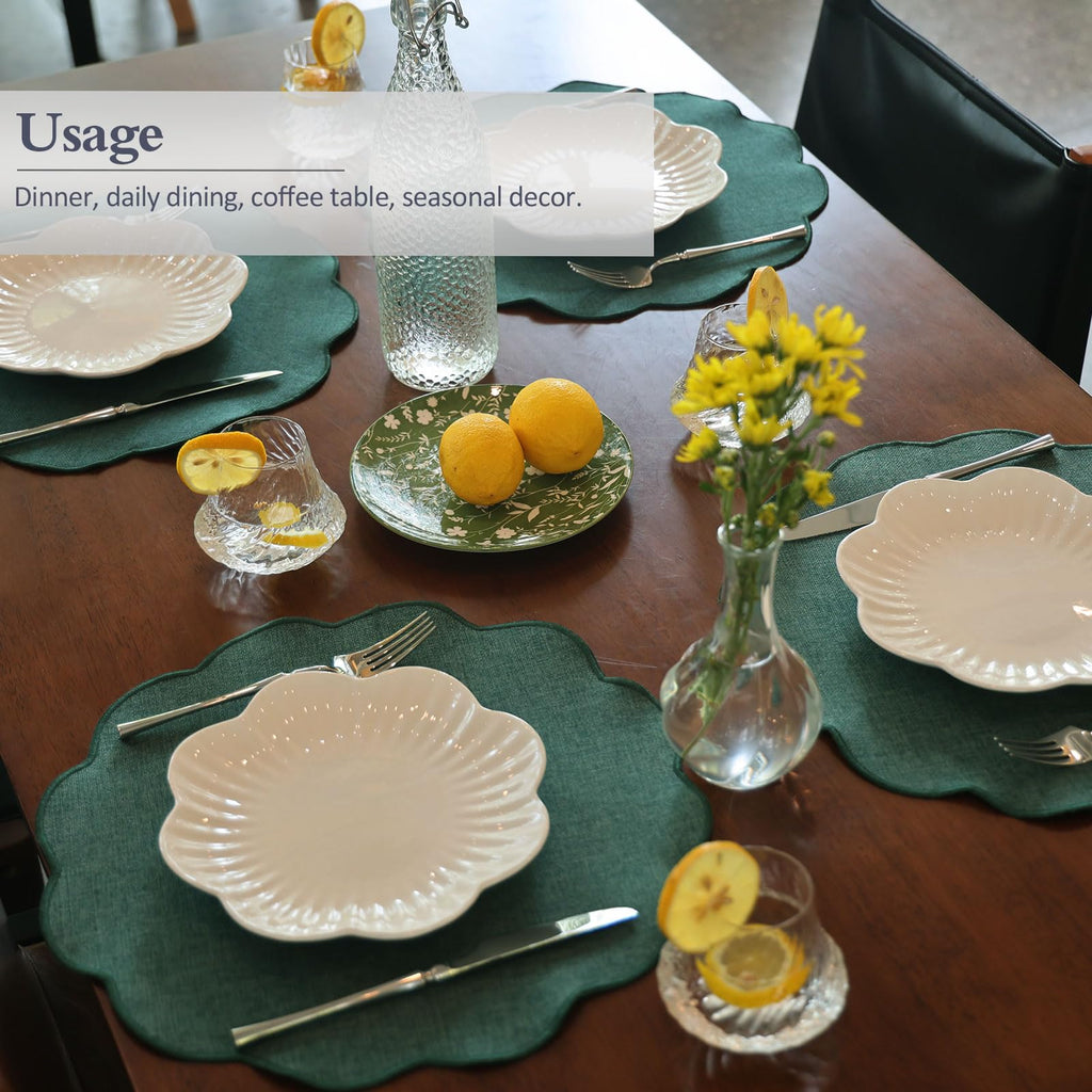 Round Scalloped Placemats Set of 4 15 Inch Faux Linen