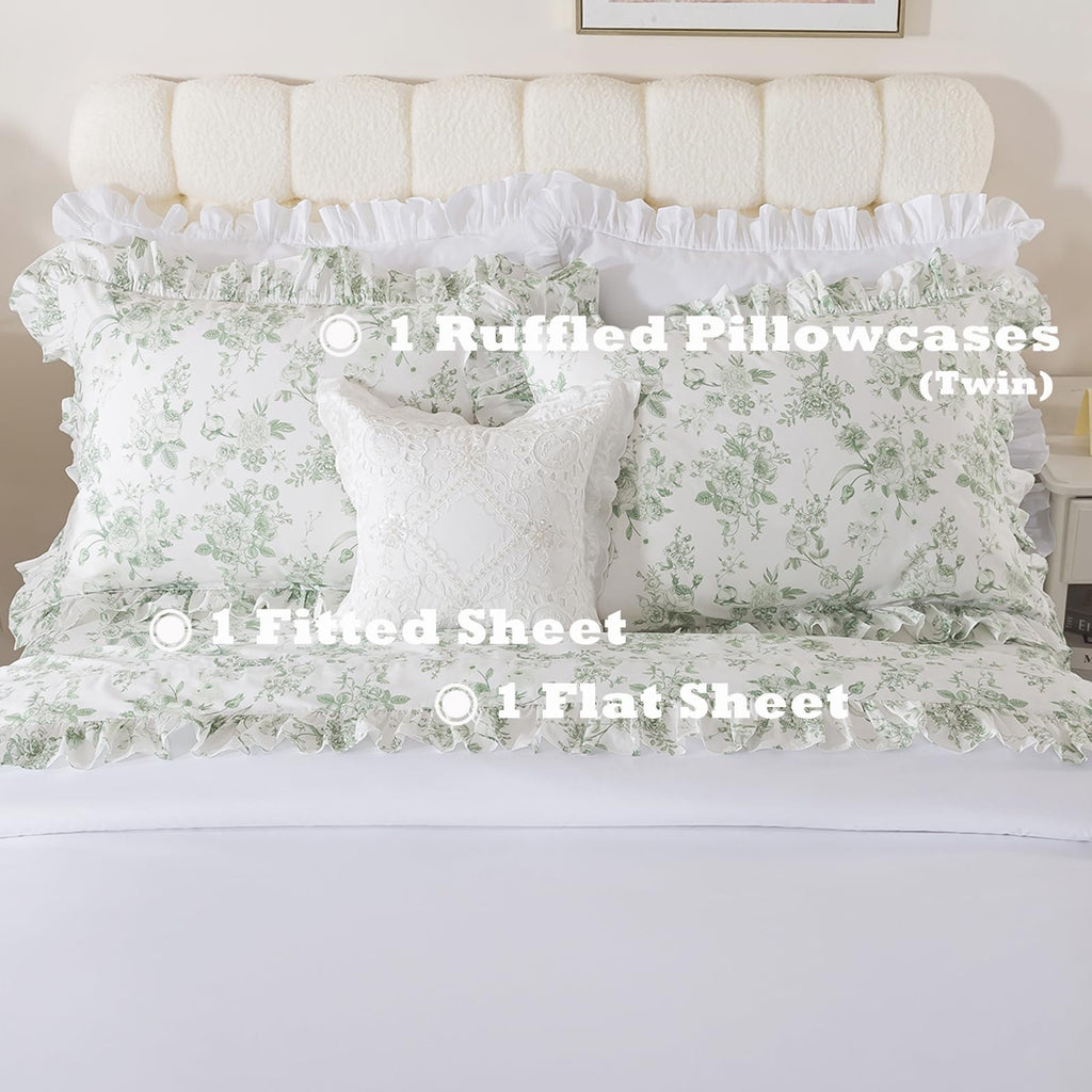 Ruffle Sheet Set - Grandmillennial Floral Bed Sheets, Vintage Botanical Toile Floral Print in Sage Green, Peony