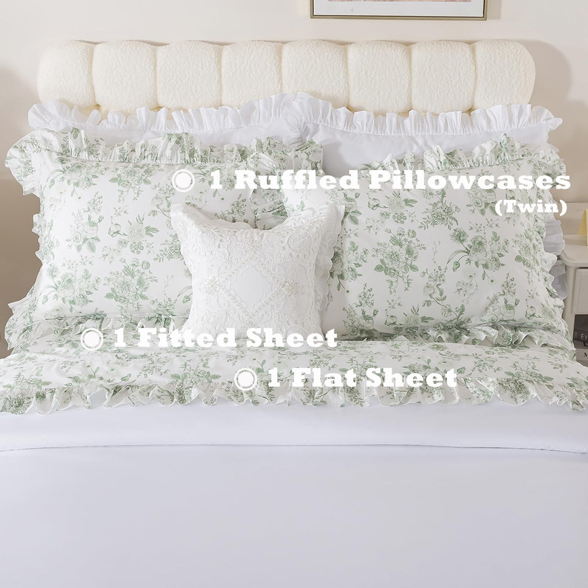 Ruffle Sheet Set - Grandmillennial Floral Bed Sheets, Vintage Botanical Toile Floral Print in Sage Green, Peony