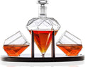 Whiskey Decanter Diamond shaped With 2 Diamond Glasses & Mahogany Wooden Holder - Elegant Handcrafted Crafted Glass - Set of 3