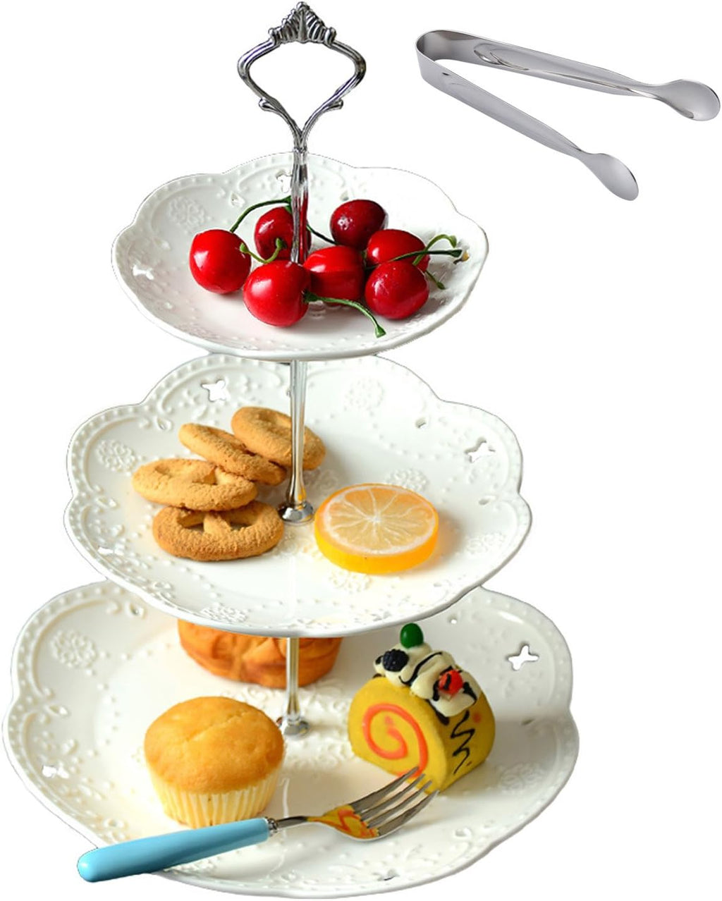 3 Tier White Porcelain Cake Stand, Cupcake Stand with Silver Pilar