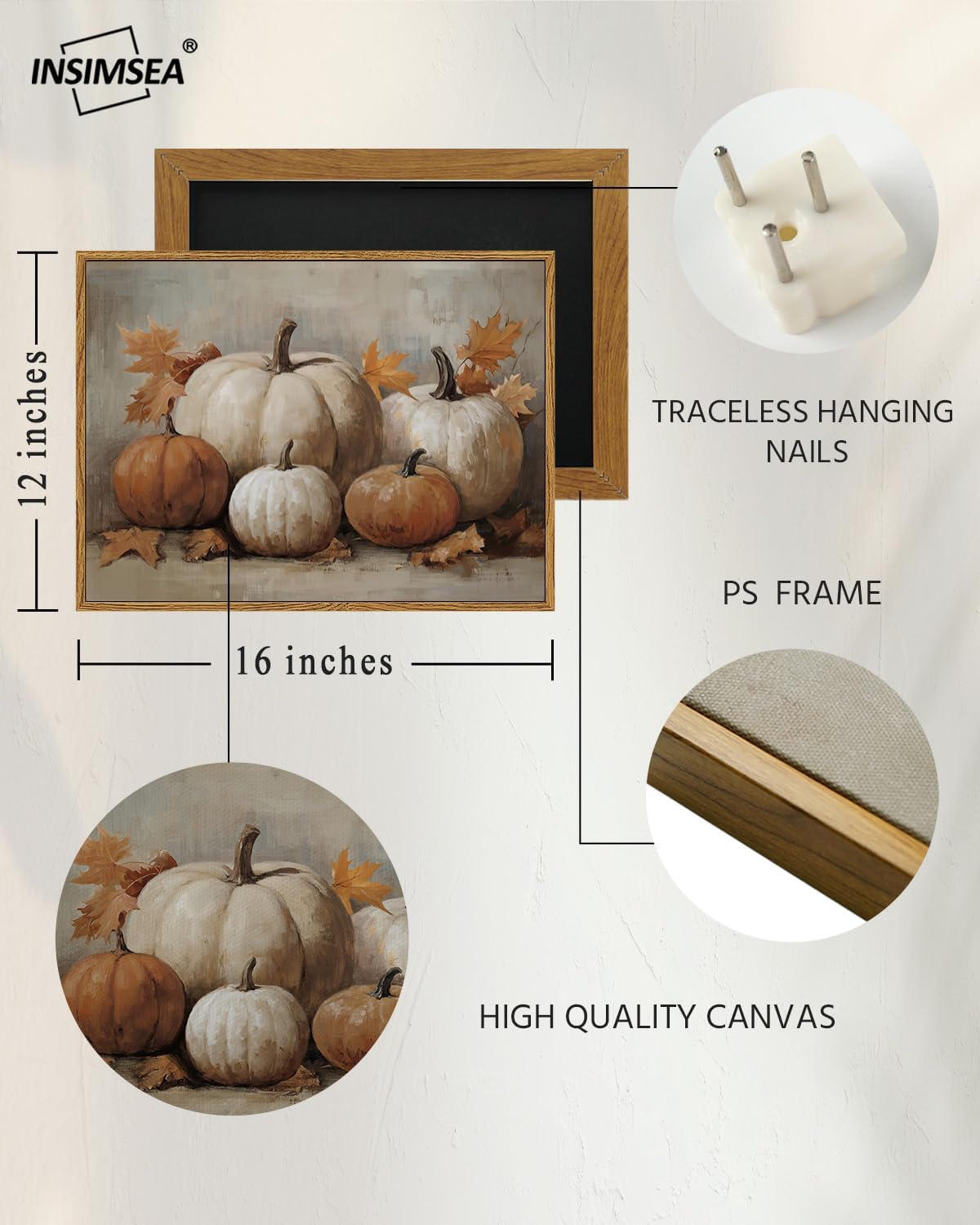 Framed Canvas Wall Art Vintage Decor, Fall Pumpkin Wall Decor Bedroom Bathroom, Rustic Autumn Still Life Paintings