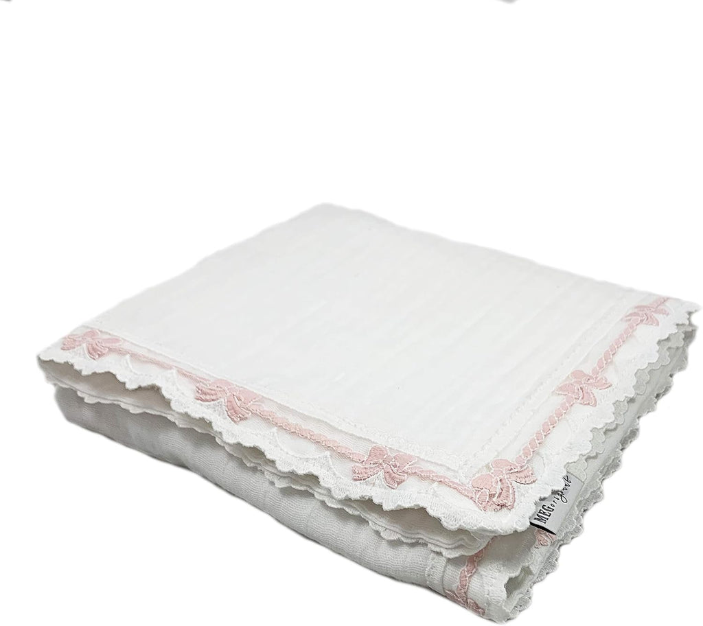 Baby Girl Blanket - Heirloom Collection - White with Pink Bows, 100% Cotton, in The USA (Crib: 30 x 51)