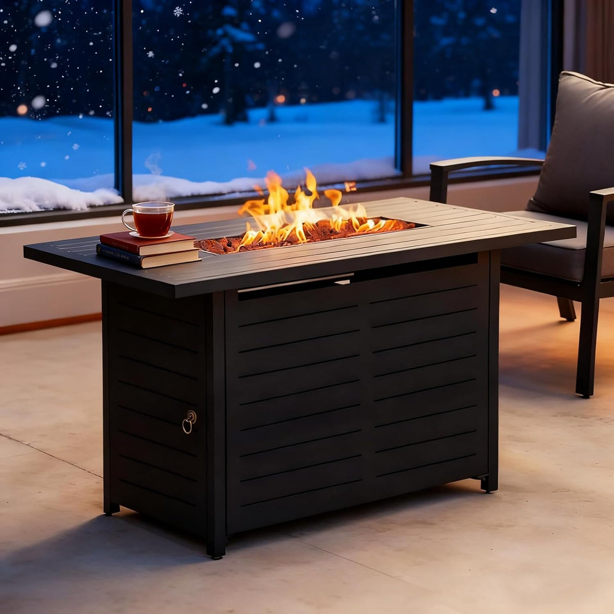 42" Outdoor Propane Fire Pit Table, Gas Fire Pits with Lava Rock Waterproof Cover and Removable Lid for Outside