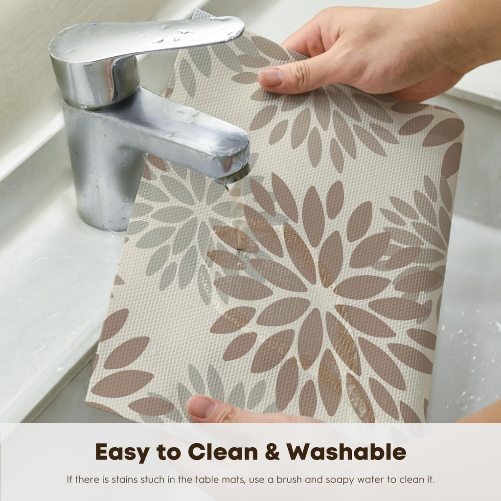 Floral Vinyl Placemats Set of 6, 12x18 Inch Washable Non-Slip Plastic Vinyl Place Mats for Party Kitchen Dining