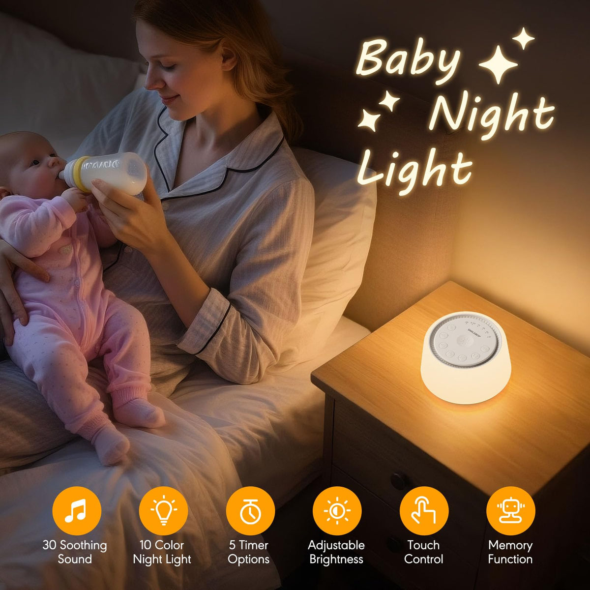 White Noise Machine with Night Light, 30 Portable Sound Machine for Baby and Adults, 10 Color Night Light, 5 Timer