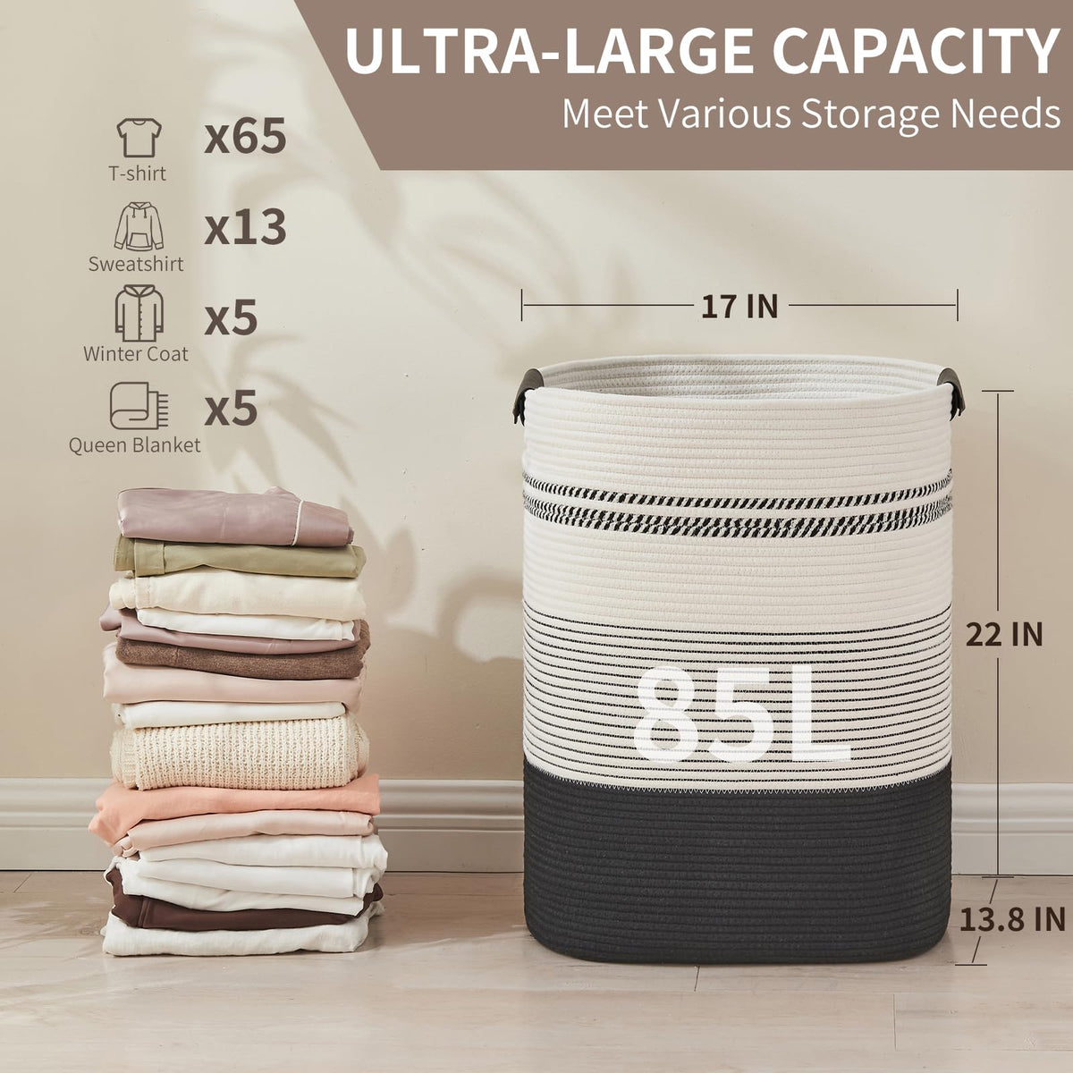 Laundry Hamper - Large Laundry Basket with Leather Handles, Decorative Storage Basket for Blankets - Clothes Hamper