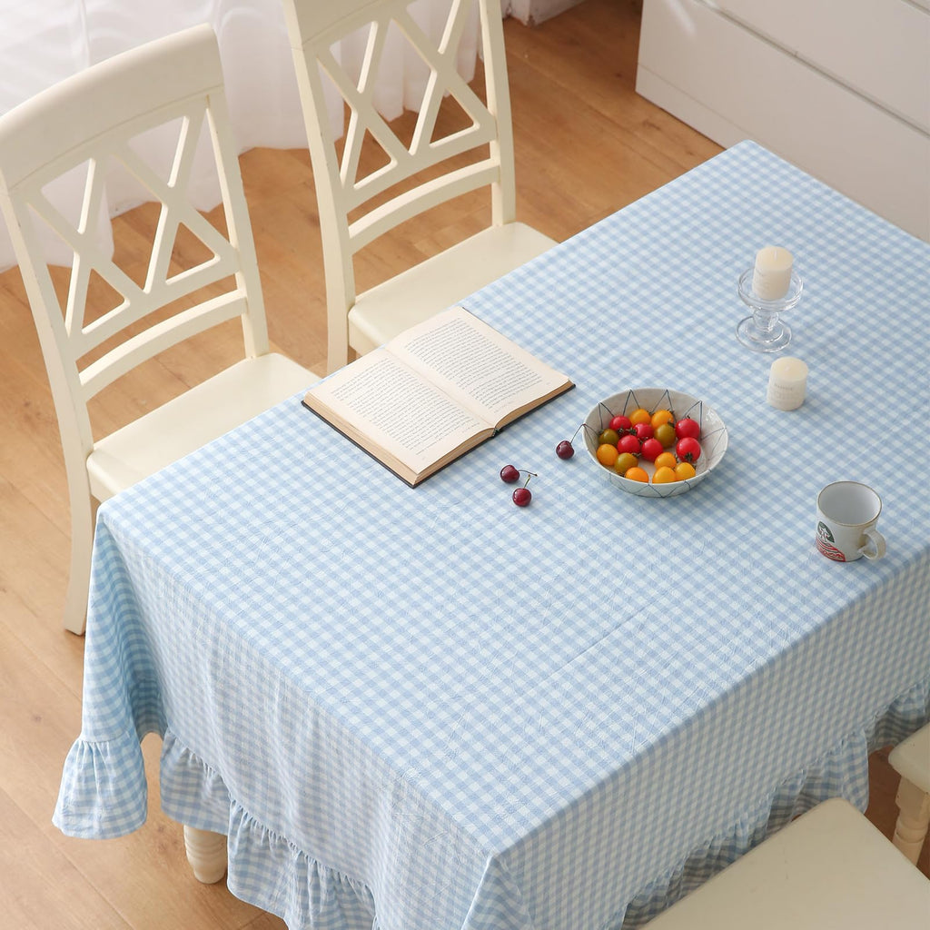 Light Blue White Gingham Ruffle Tablecloth Rectangular 120"x60"