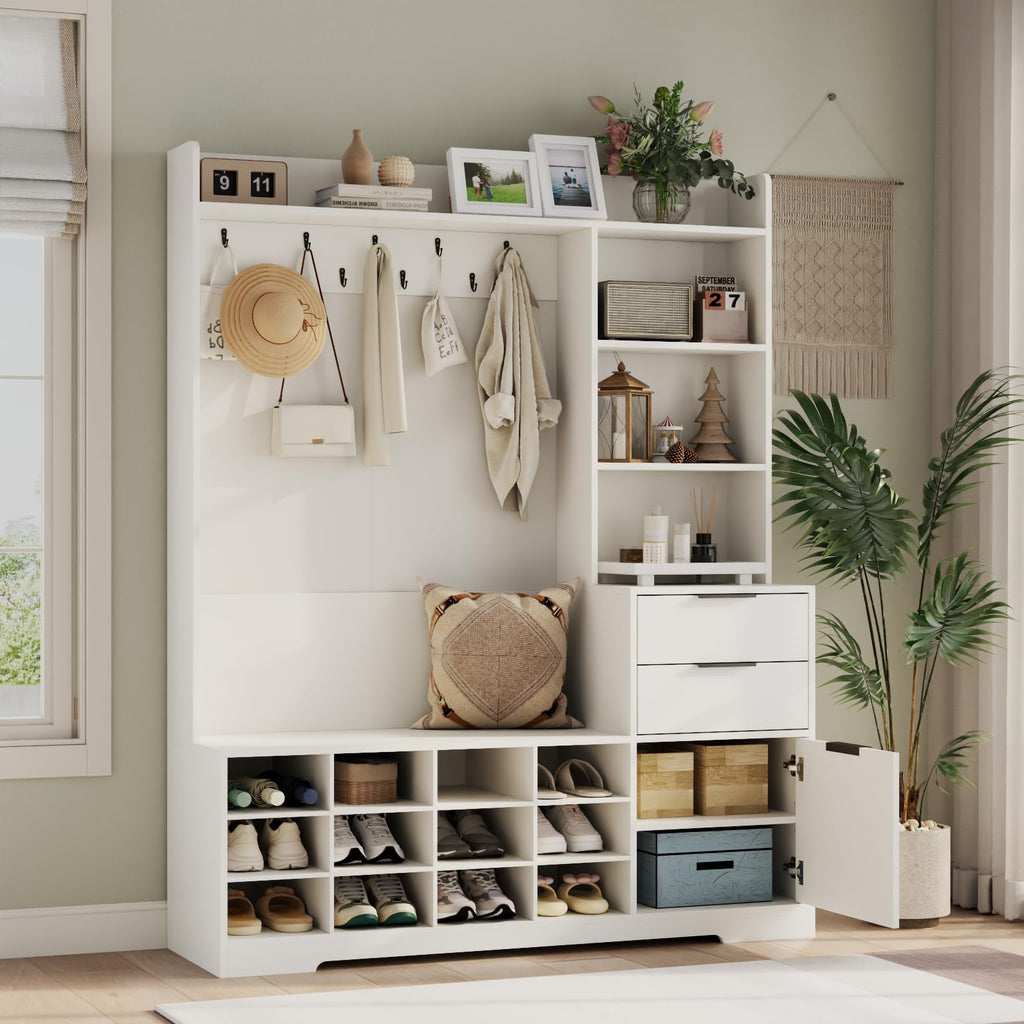 5-1 Hall Tree with Bench & Shoe Cubby, Farmhouse Entryway Mudroom Coat Rack