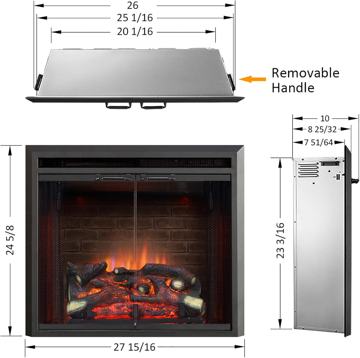 26 Inch Electric Fireplace Insert with Glass Door, Mesh Screen, Fire Crackling Sound, 750W/1500W Freestanding Heater, Black