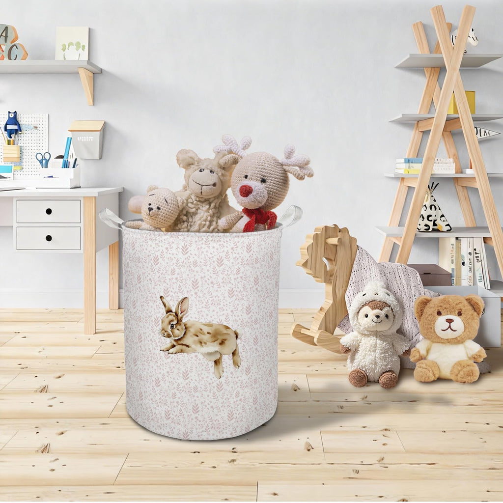 Pink Floral Bunny Laundry Basket Hamper, Bunny Nursery Decor, Pastel Wildflower Rabbit Foldable Clothes Toys Books