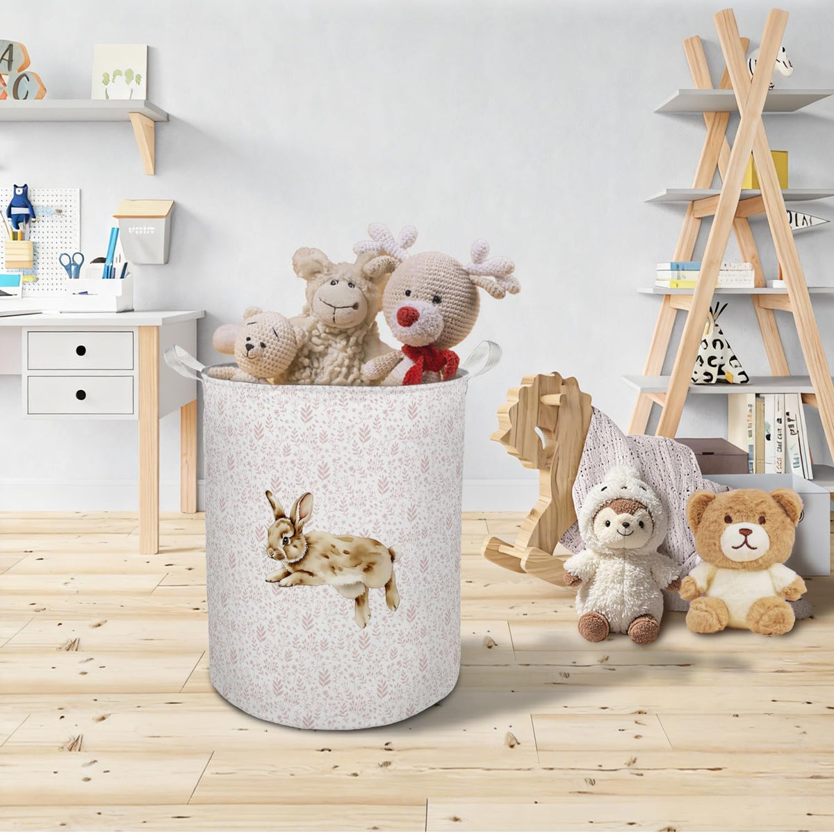 Pink Floral Bunny Laundry Basket Hamper, Bunny Nursery Decor, Pastel Wildflower Rabbit Foldable Clothes Toys Books