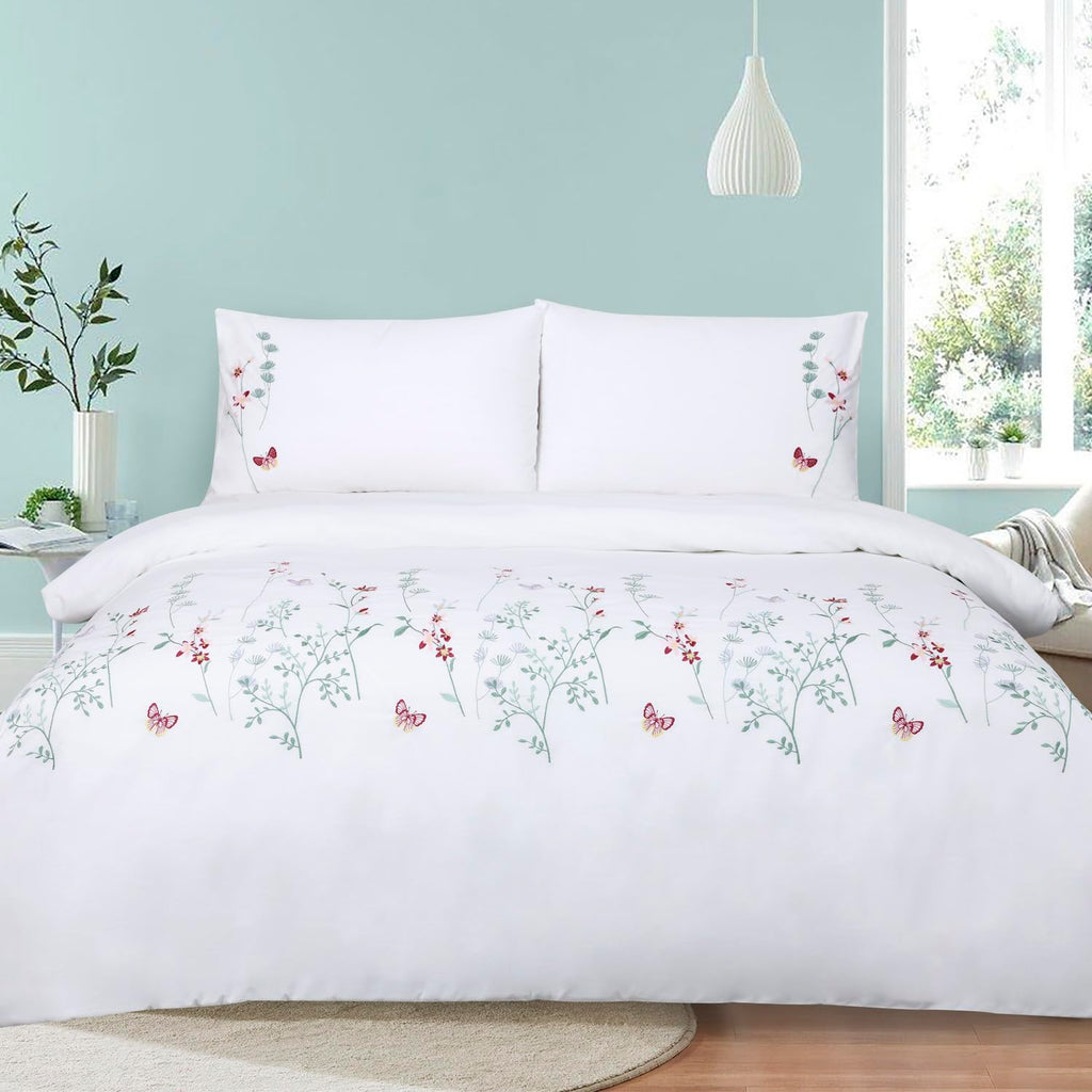Floral Duvet Cover Set Embroidered Pink Spring Flower White Cotton
