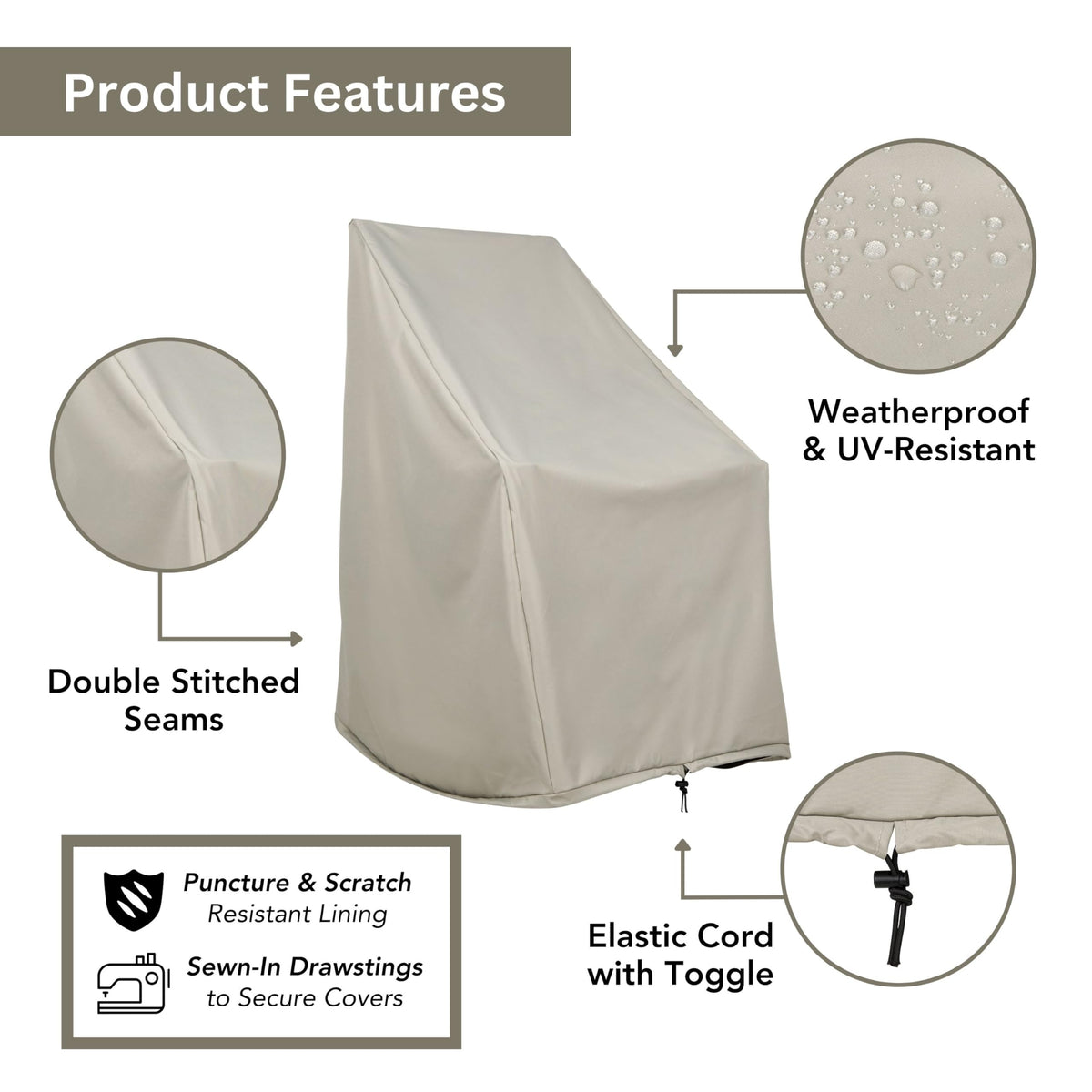 4361 Weatherproof Outdoor Rocking Chair Cover, 100% Woven Polyester, Elastic Cord with Toggle, Gray