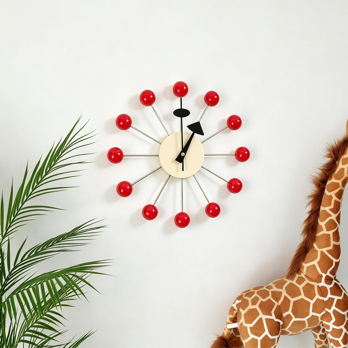 Inspired Nelson Style Modern Mid Century Retro Design Solid Wood Wall Ball Clock Red