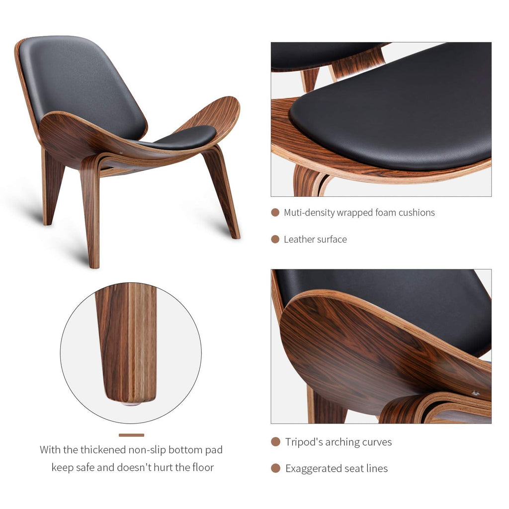 Inspired Eames Style Mid Century Modern Shell Lounge Chair, PU Leather, Tripod Plywood Solid Wood Accent Chairs, Reading
