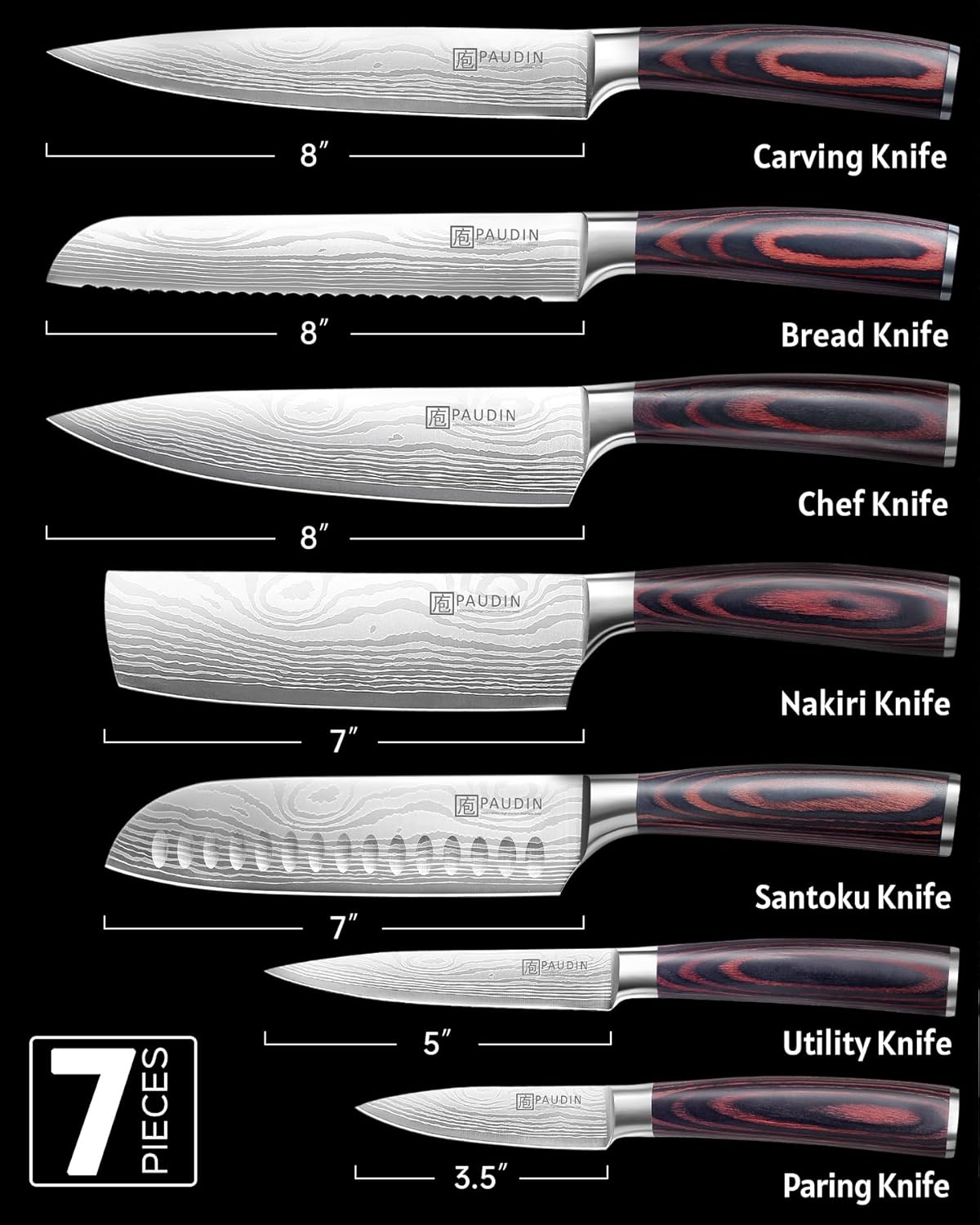Chef Knife Set, 7 Pieces Kitchen Knife Set, Ultra Sharp Knife Set | High Carbon Stainless Steel, Professional Knives