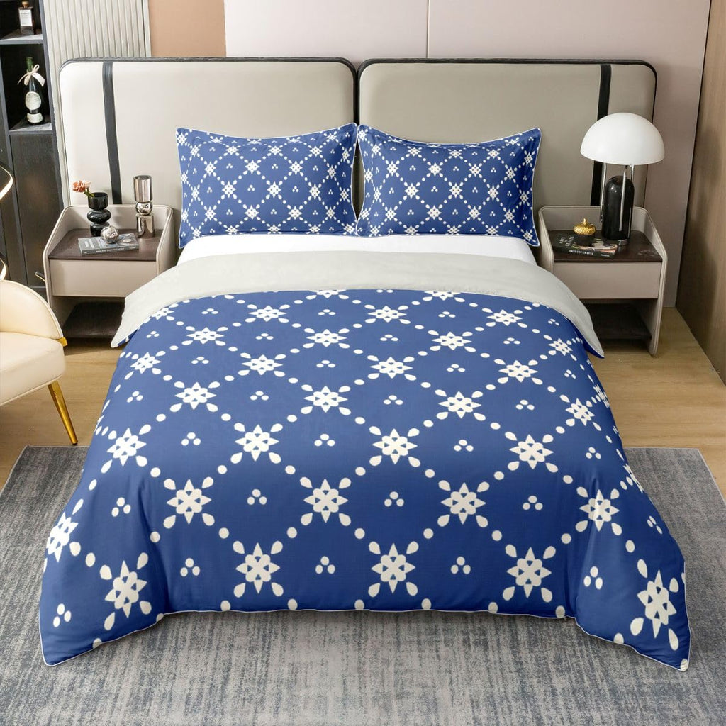 Navy Blue 100% Cotton Bedding Set Boho Floral Geometric Comforter Cover Modern Abstract Texture Duvet Cover