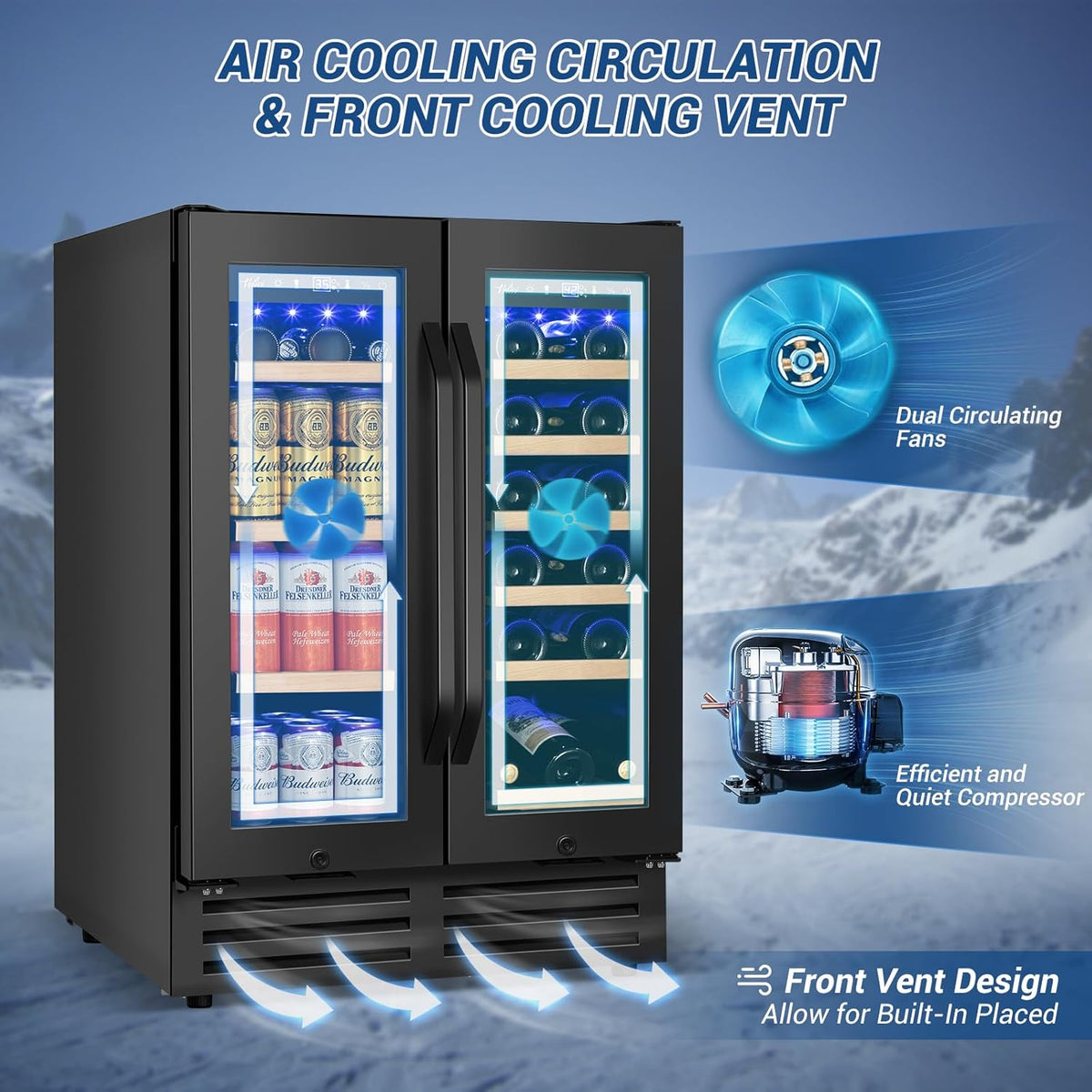 Wine and Beverage Refrigerator Black, 24 Inch Beverage Cooler Under Counter Dual Zone with Glass Door&Lock