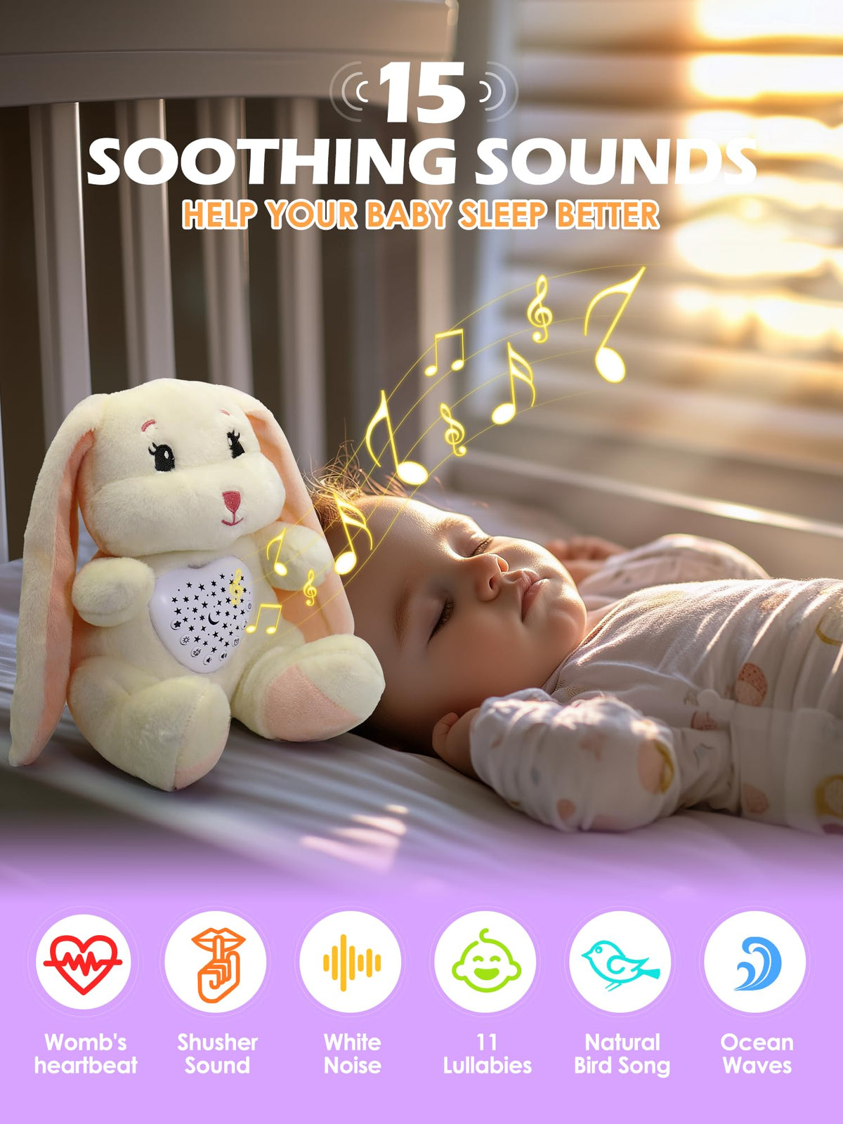 Wioon Baby Sleep Soother Bunny Toy with Cry Sensor & Starlight Projector - 15, Rechargeable Plush Toy for 3-36