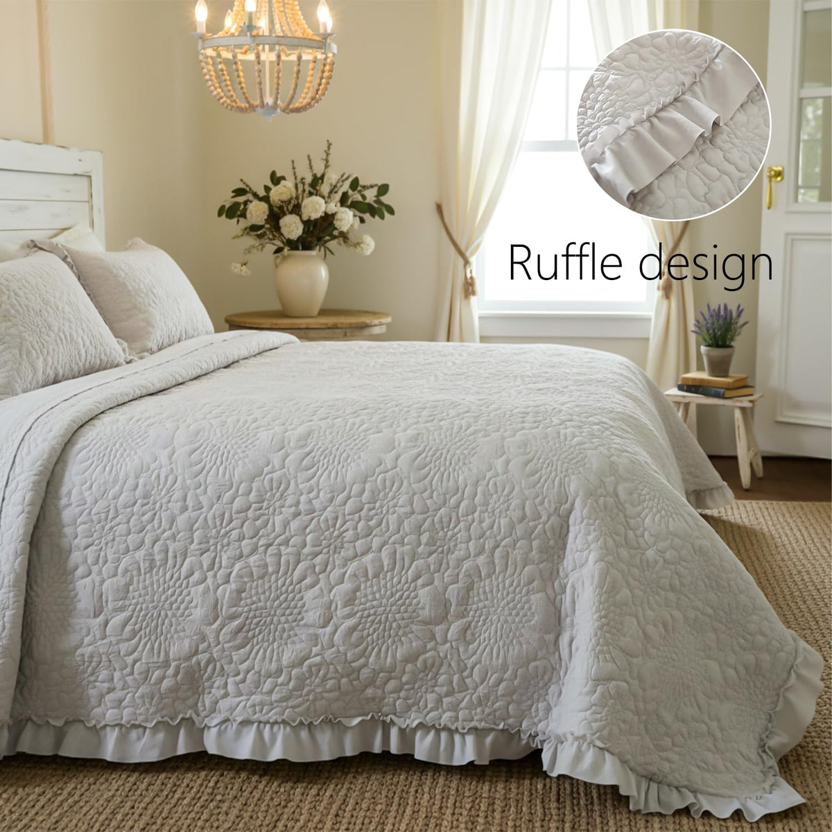 Dark Grey Farmhouse Quilt Set, Ruffled Stone-Washed Bedding