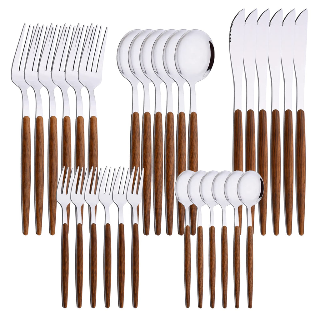 Stainless Steel Silverware Set Wooden Effect Handle Flatware