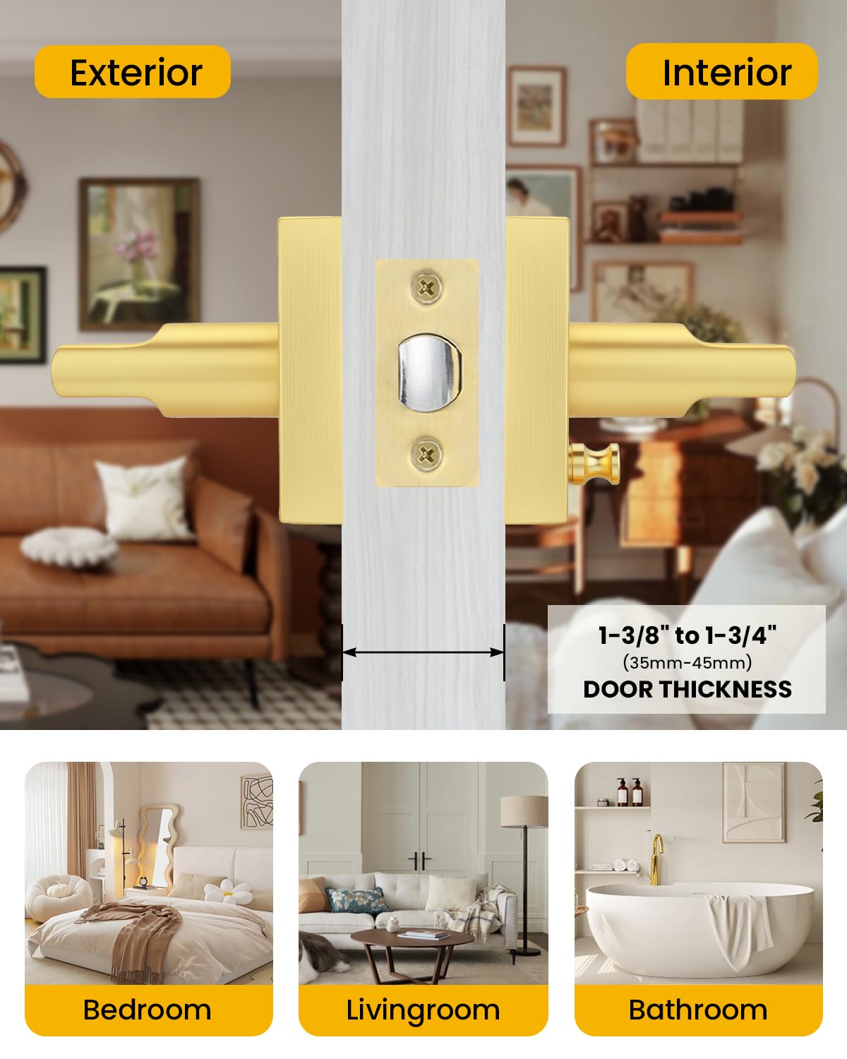 Brushed Gold Door Handles Interior, Privacy Bedroom - 3 Pack
