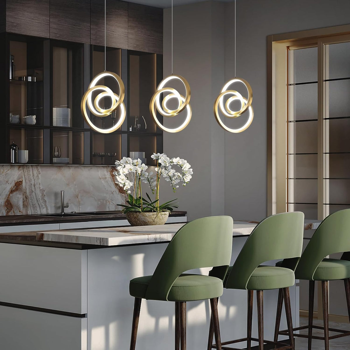 Modern LED Pendant Lights Kitchen Island, 6000K LED Chandelier Adjustable Height Gold Hanging Light Fixture Island