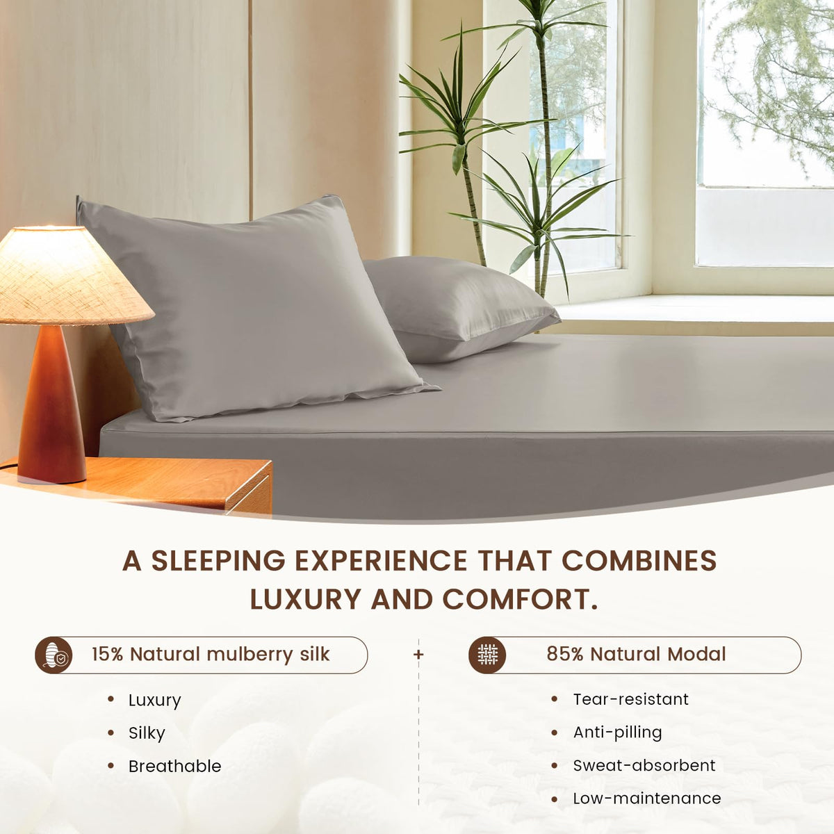 Luxury Mulberry Silk Fitted Sheet Set 3 Pcs, Silk Bed Sheet Set with 16" Deep Pockets, Soft & Cooling Sheets, 1