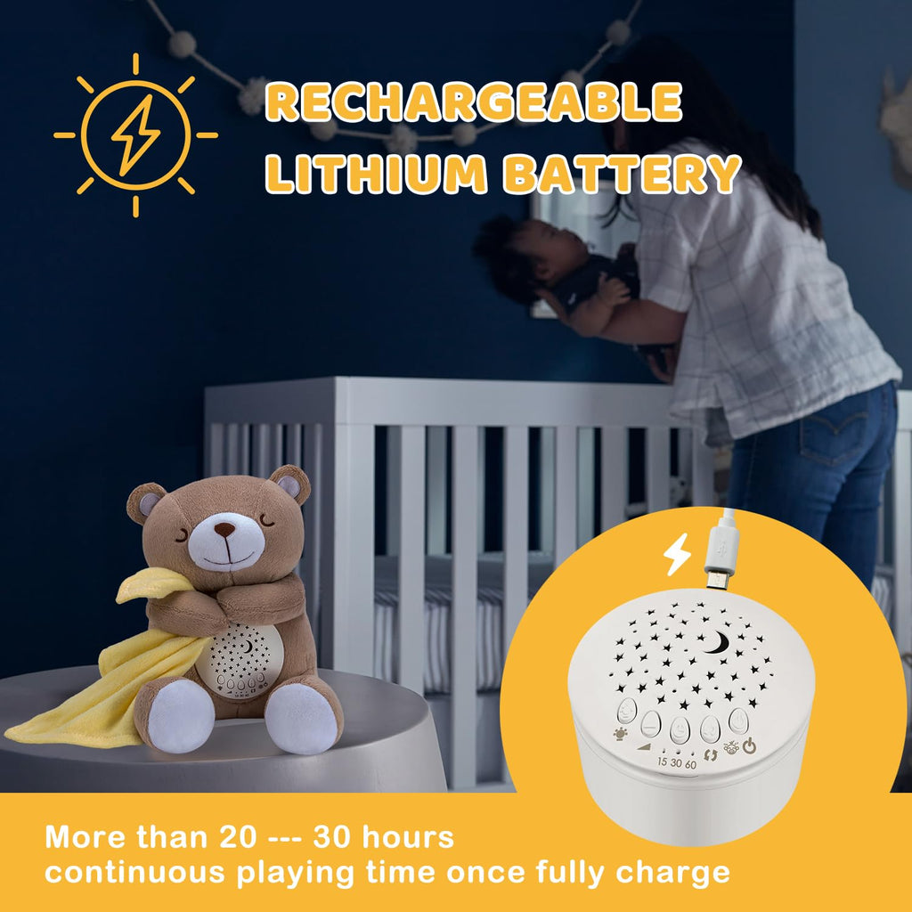 Rechargeable Baby Sleep Soother Bear, Nursery Decor Night Light Projector, Mom's Heartbeat Cry Sensor Lullabies White