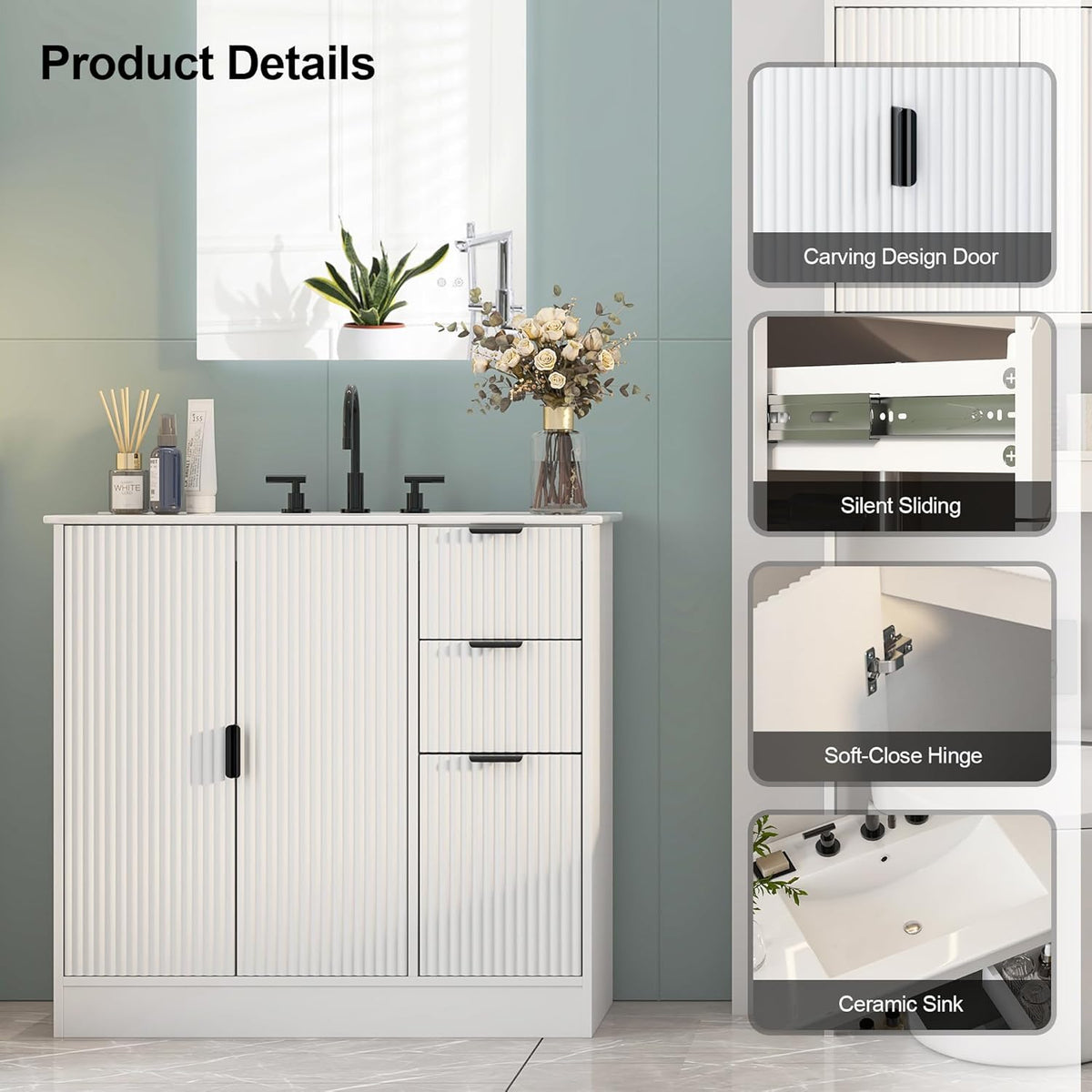 Freestanding Bathroom Vanity with Ceramic Sink, Large Storage Cabinet with Drawers