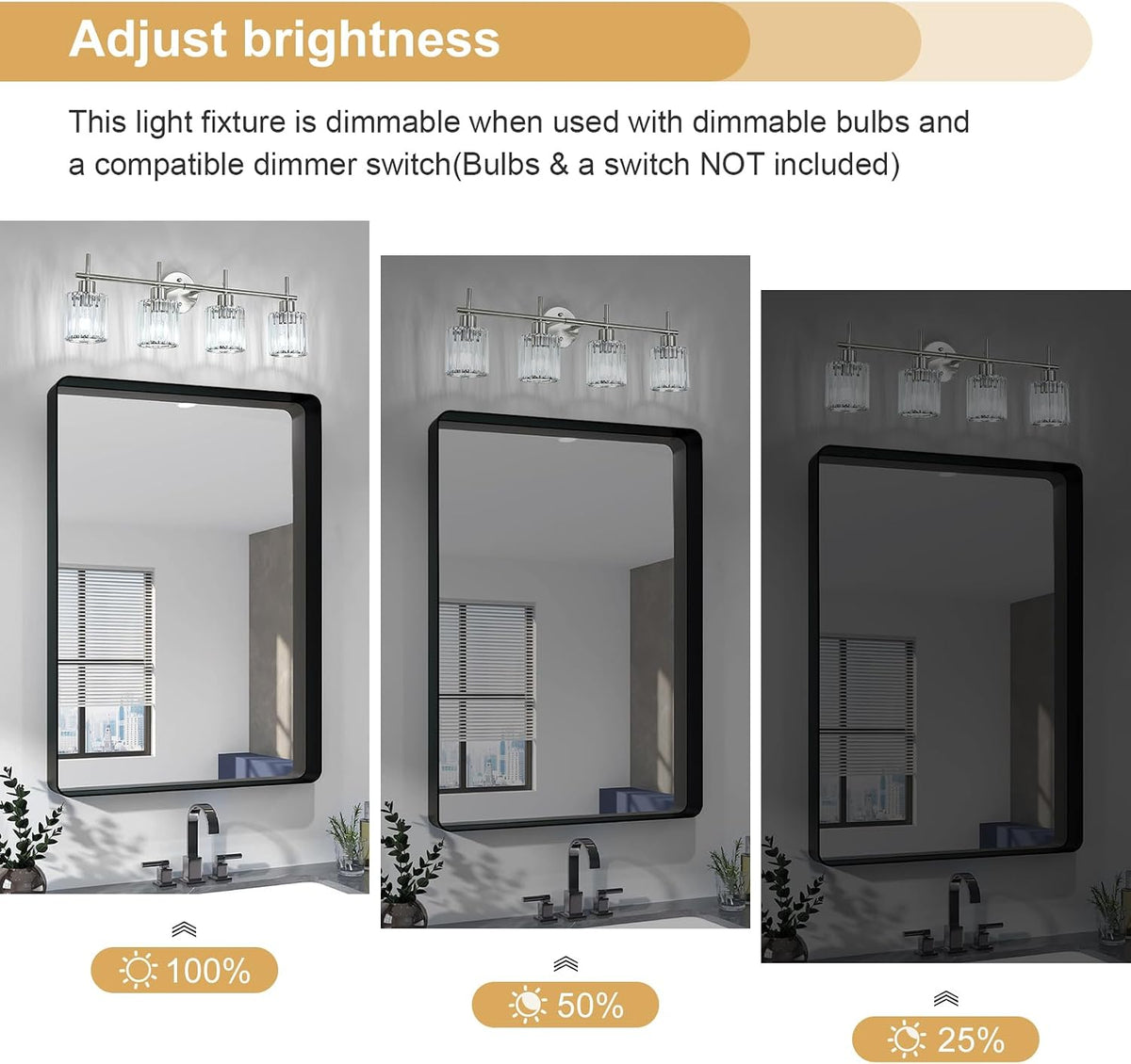 Brushed Nickel Bathroom Light Fixtures, Round, 4-Light | Vanity Lights with Crystal Shades, Modern Bathroom Lighting