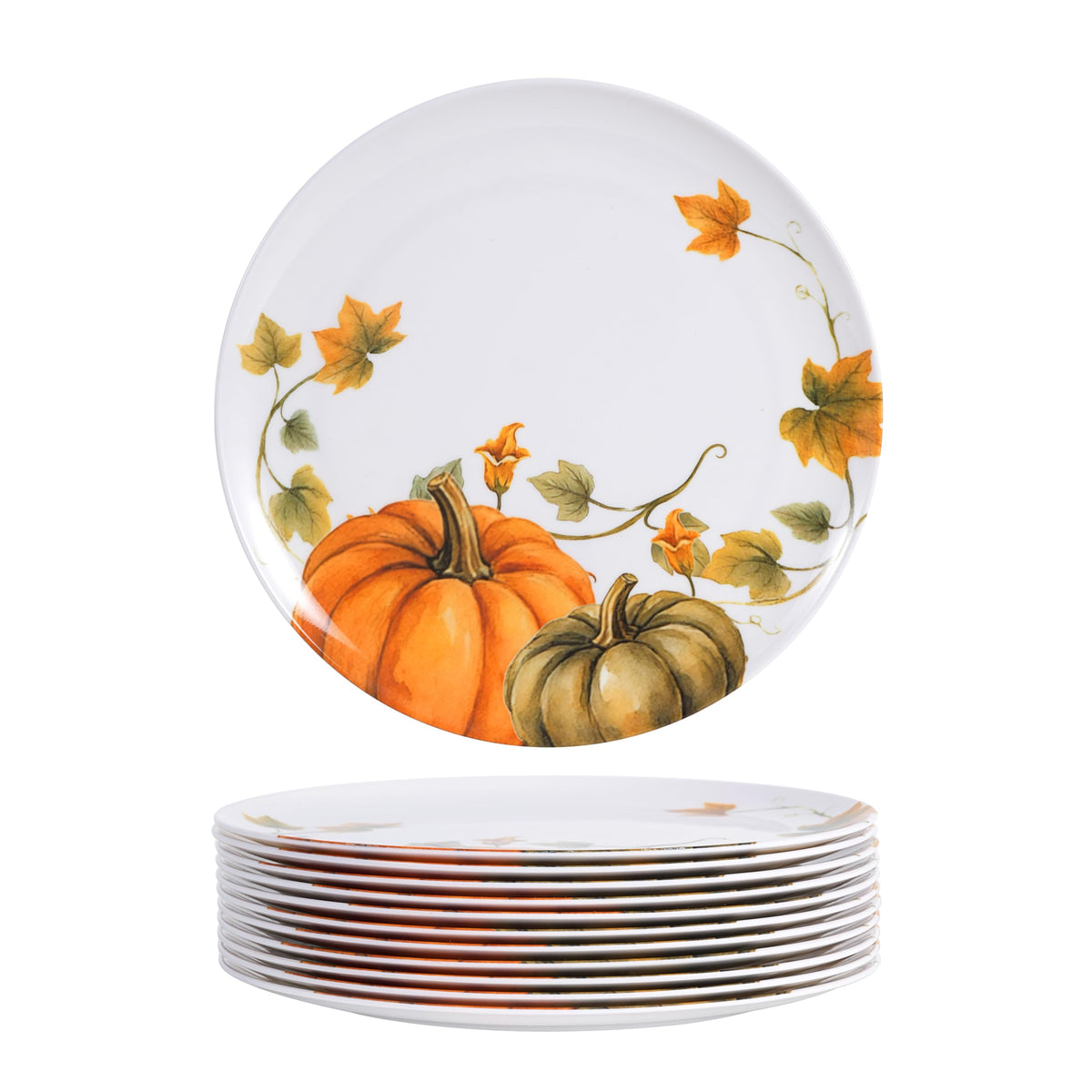 10in Melamine Dinner Plates Set 12 - Fall Pumpkin Design for Outdoor