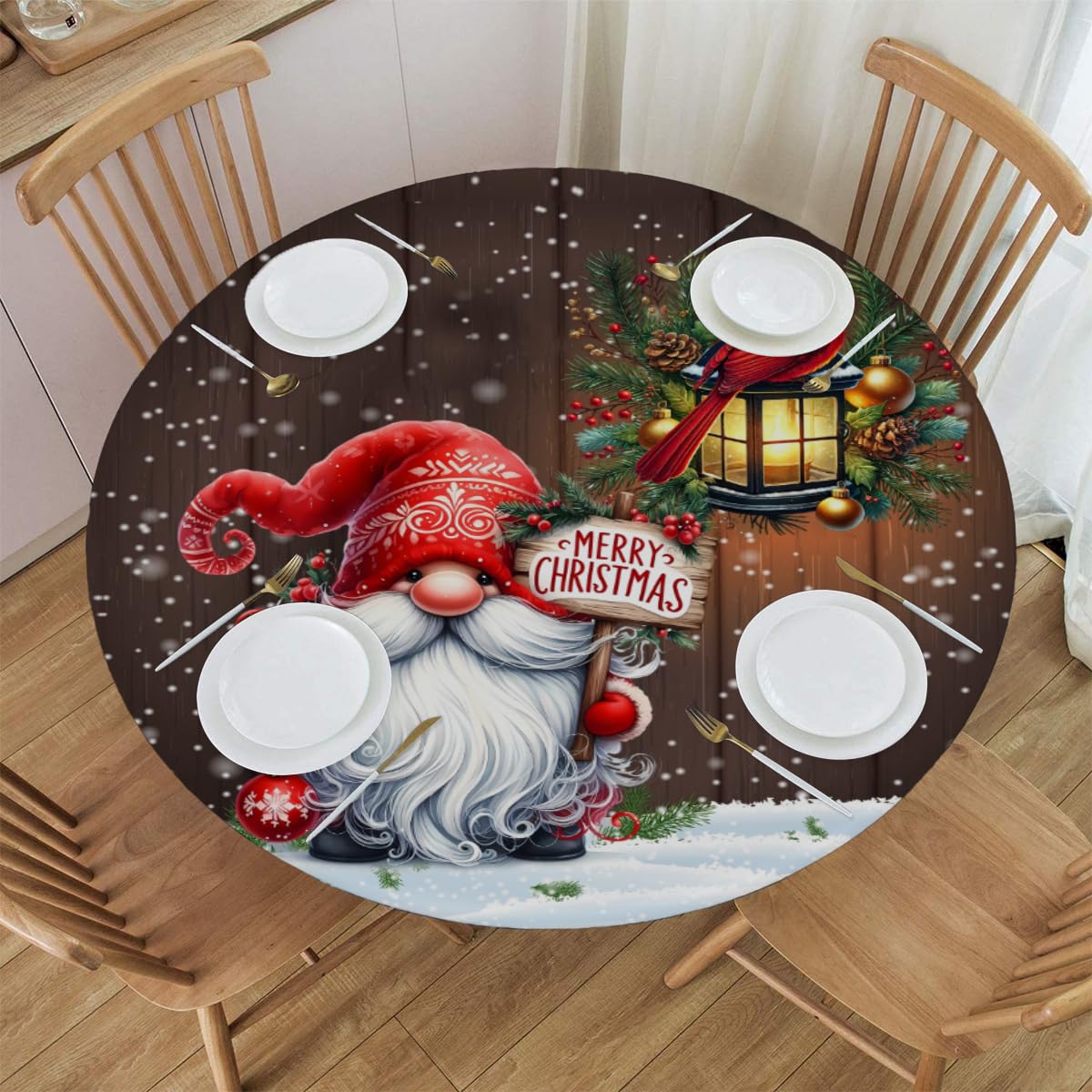Christmas Decor Round Fitted Tablecloth with Elastic Xmas Gnomes Round Table Cover, Waterproof Non Slip Outdoor Table