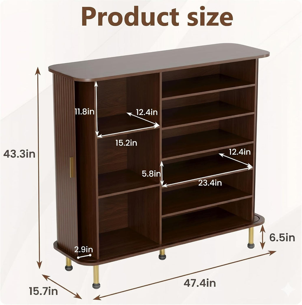 6-Tier 47'' Shoe Cabinet with Sliding Door, Wooden Shoe Storage Cabinet with Adjustable Shelves, Mid-Century Modern
