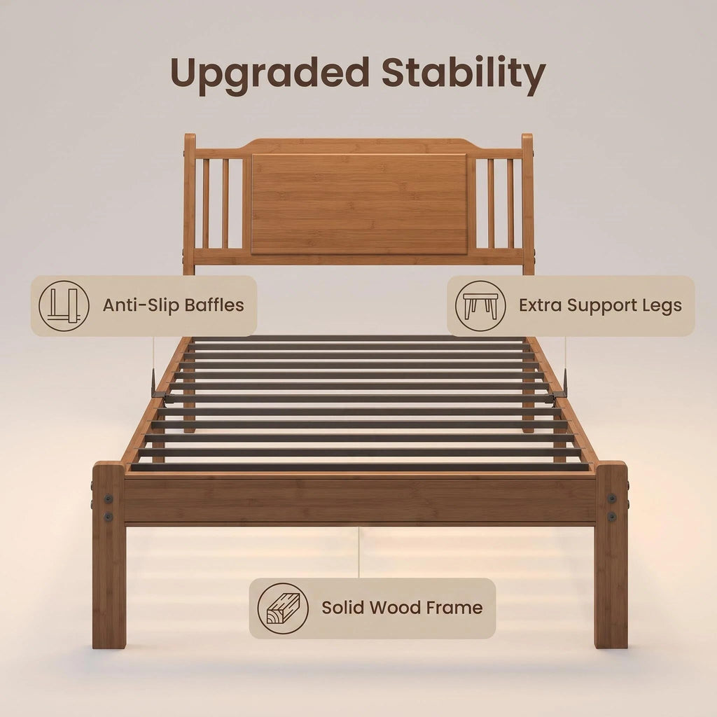 Bamboo Bed Frame with Farmhouse Headboard, Warm Brown Color