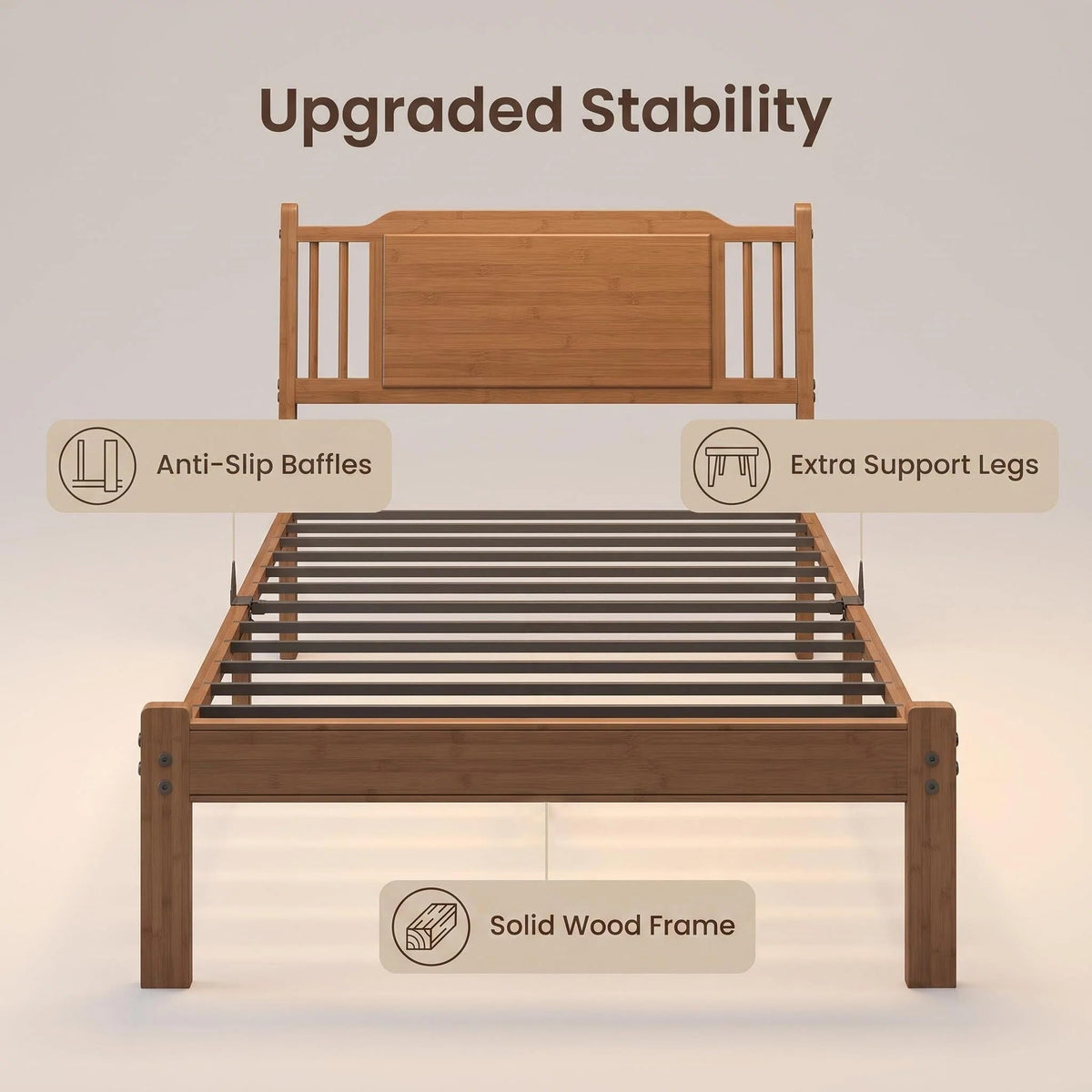 Bamboo Bed Frame with Farmhouse Headboard, Warm Brown Color