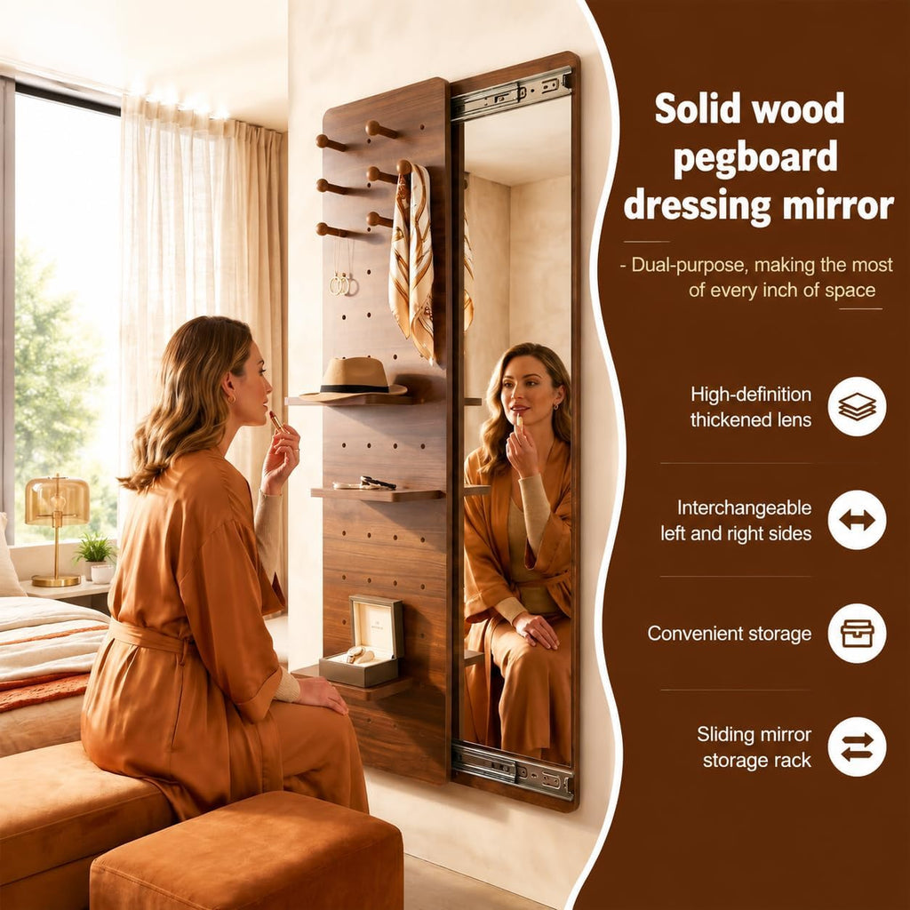Full Length Mirror with Storage,Wall Mounted Mirror with Pegboard,Rotating Walnut Standing Entryway Mirror