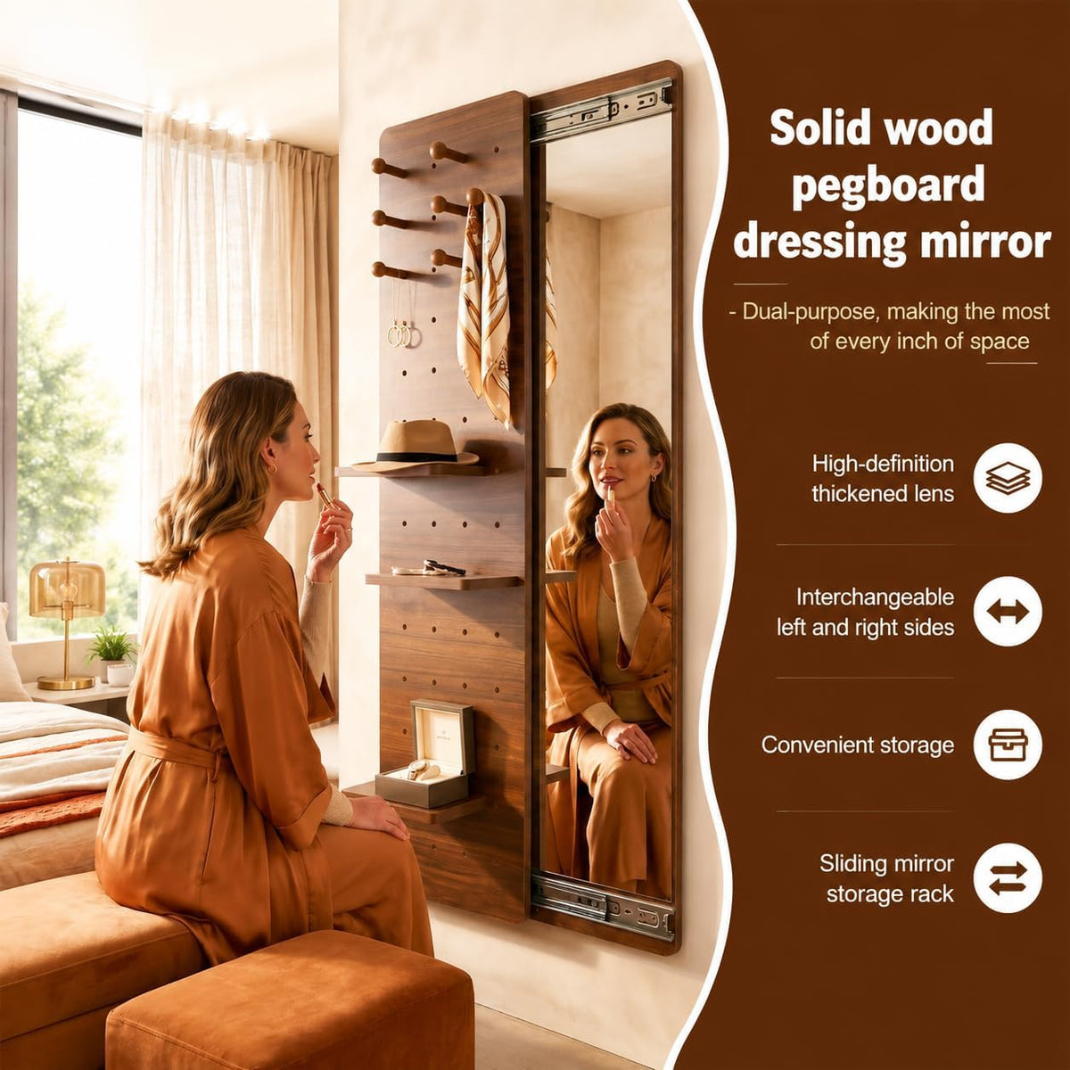 Full Length Mirror with Storage,Wall Mounted Mirror with Pegboard,Rotating Walnut Standing Entryway Mirror
