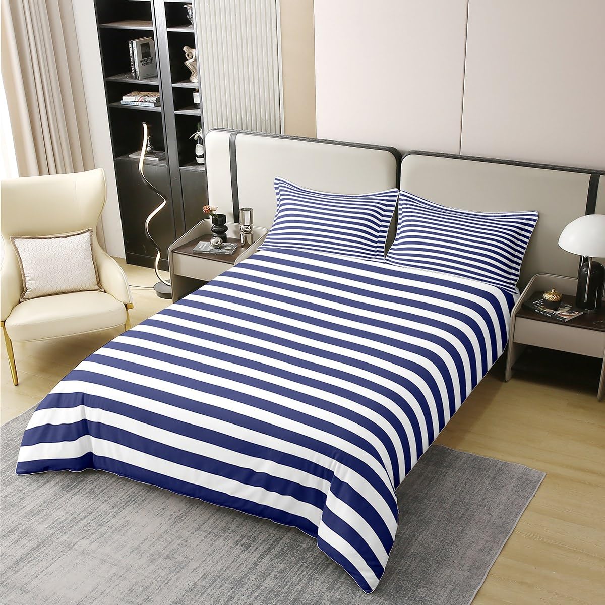 100 Percent Cotton Navy Blue Stripe Duvet Cover White Geometric Ticking Stripes Comforter Cover Farmhouse