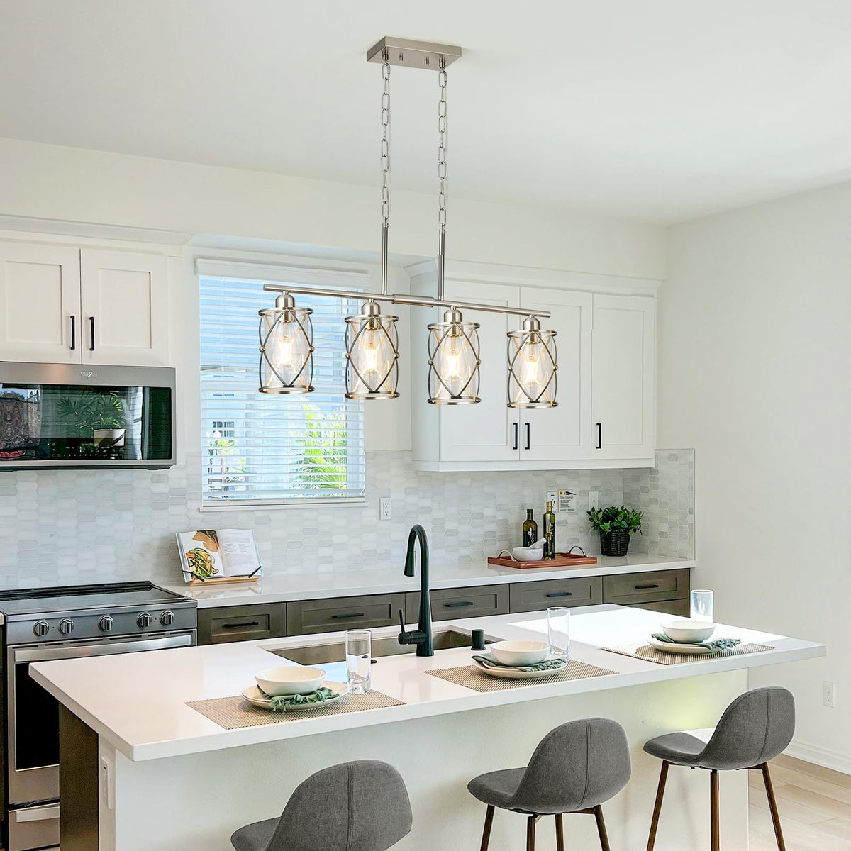 Kitchen Island Lighting, Modern Brushed Nickel Dining Room Light Fixtures with Clear Glass, Farmhouse
