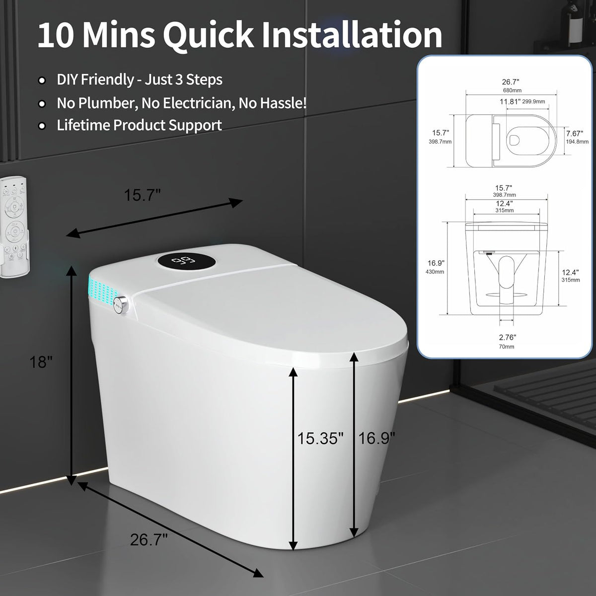 Tankless Smart Toilet with Integrated Bidet, One Piece Elongated Intelligent Toilet with Heated Seat & Child Mode
