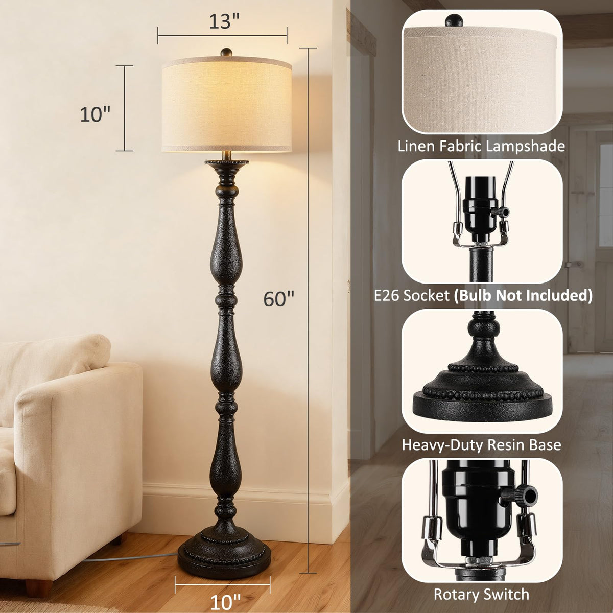 Vintage Floor Lamp, Rustic Farmhouse Standing Lamp with Rotary Switch and Linen Shade, Retro Resin Floor Lamp