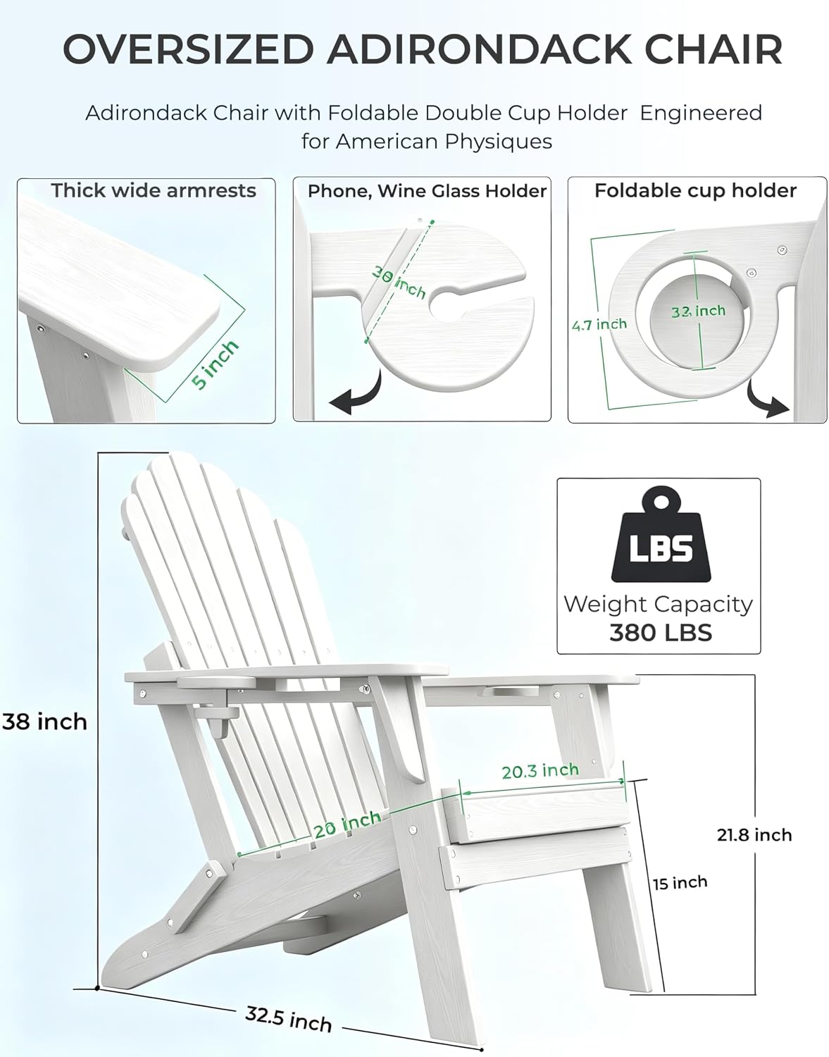Fold Adirondack Chairs Set of 4, Double Cup Holders, White | HDPE Patio Chair, All Weather Fire Pit Chairs, 380lbs