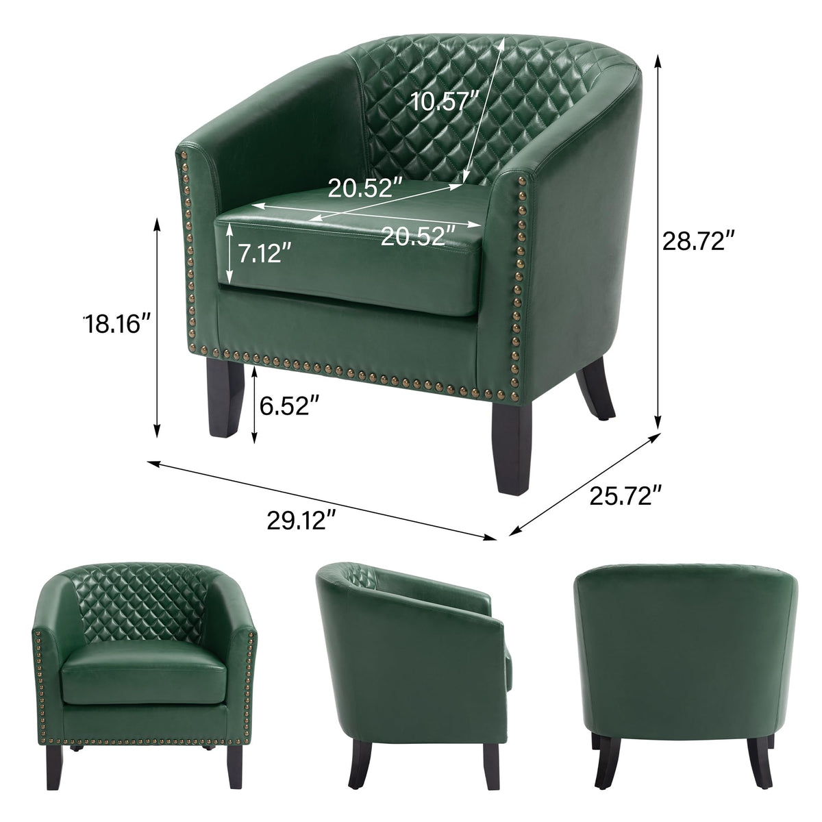 Faux Leather Barrel Accent Chair with Nailhead, Dark Green, Set of 4