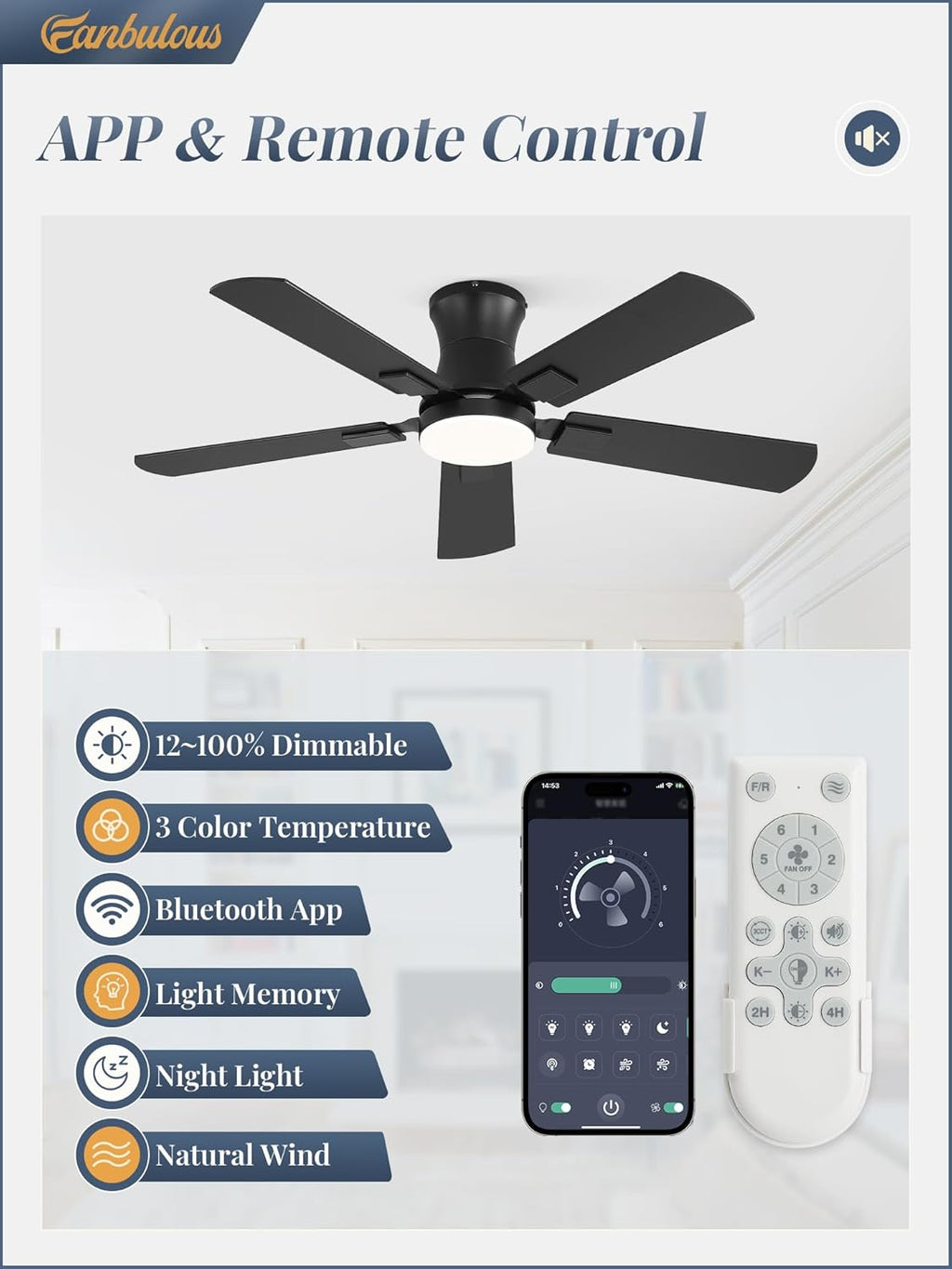 42" Flush Mount Ceiling Fan with Light & Remote